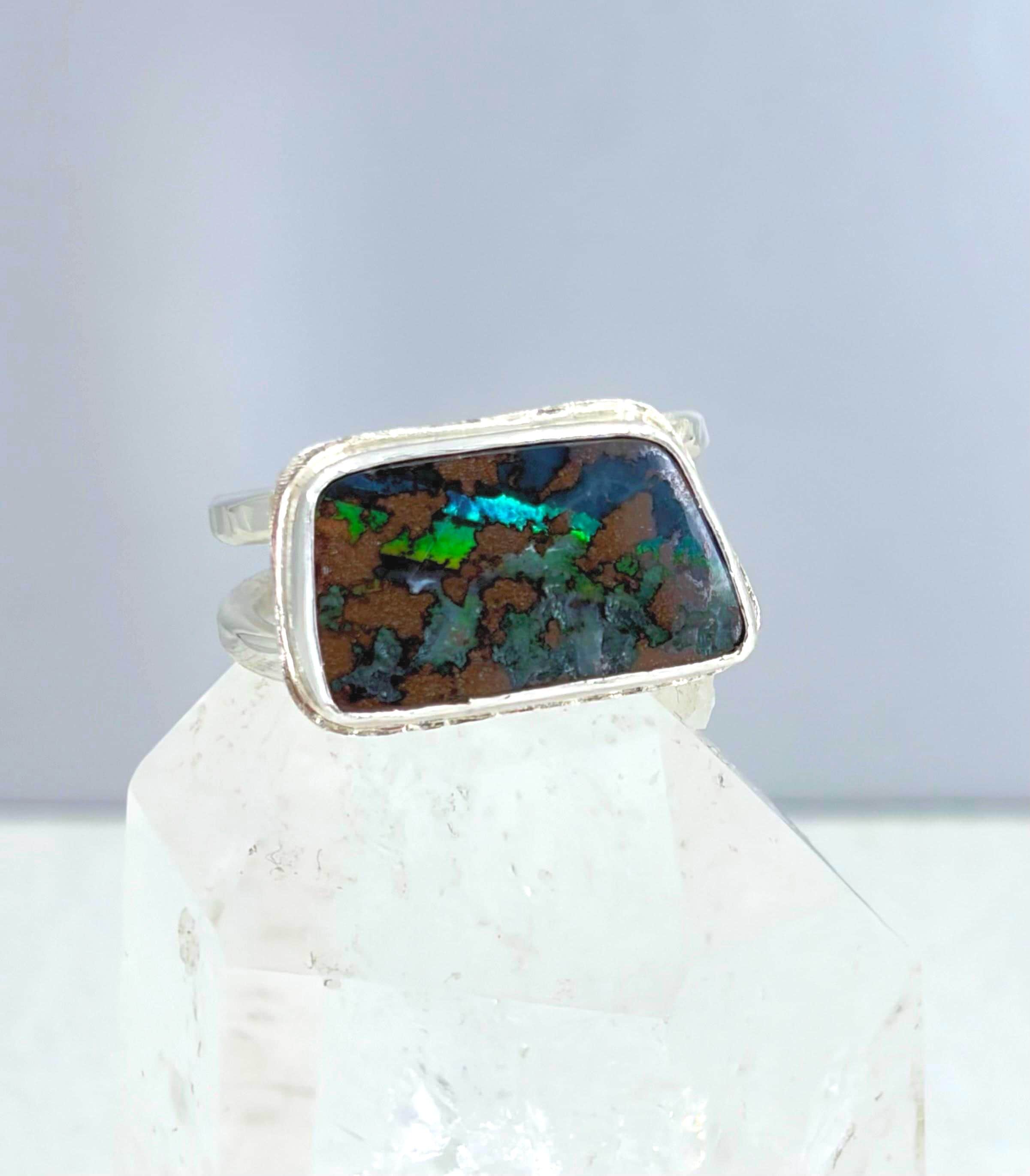 Boulder Opal Ring: Sterling Silver Rectangular Opal, US Size 7.25