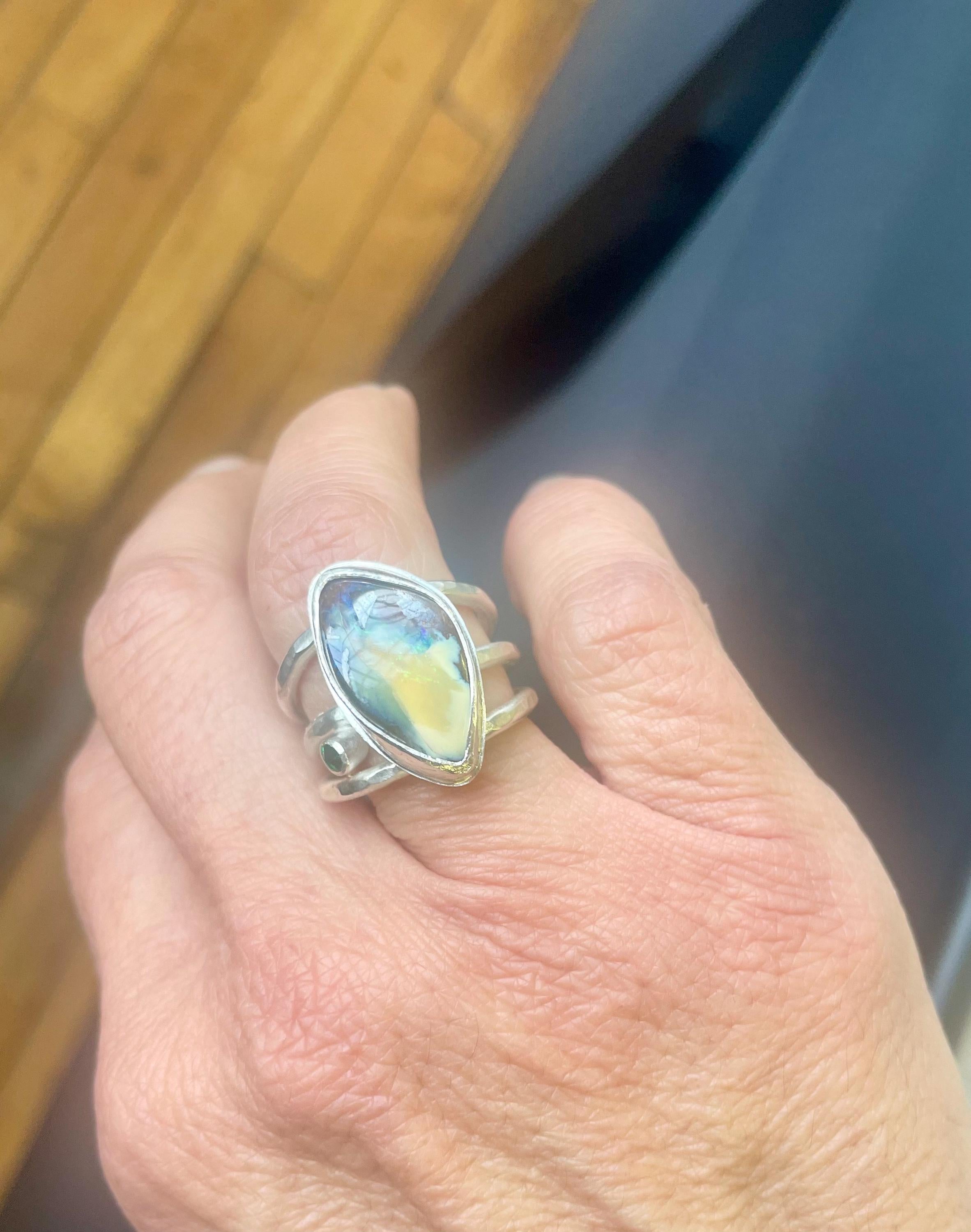 Boulder Opal Ring: Argentium Silver, Emerald Accent, US Size 7.5