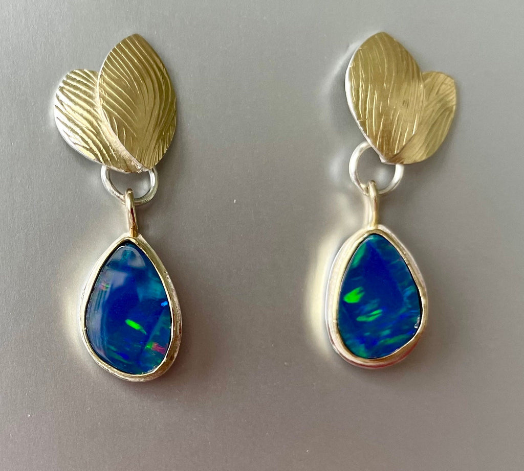 Australian Boulder Opal Dangle Earrings: 22K Gold Leaves, October Birthstone
