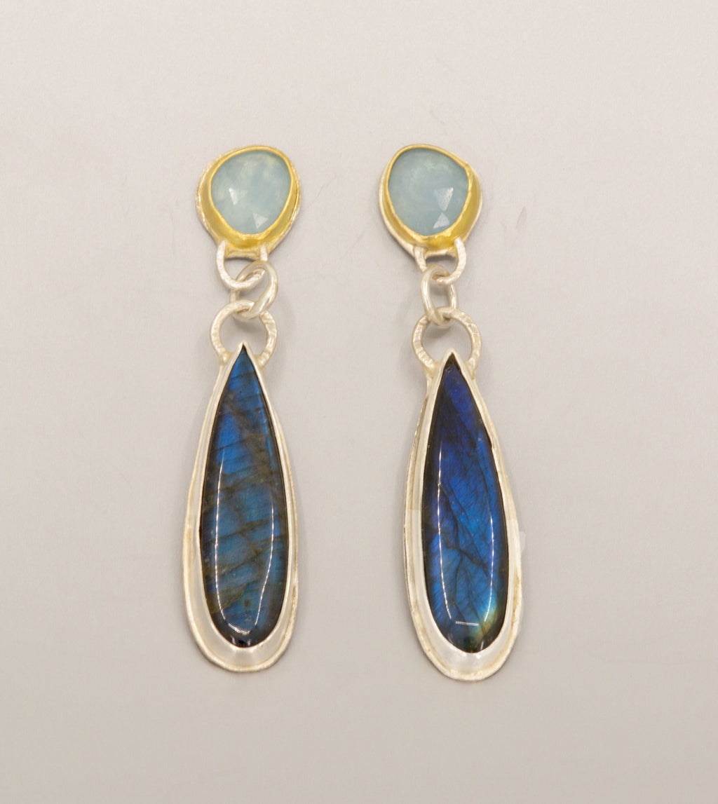 Labradorite and Aquamarine Statement Earrings, Long Dangle Earrings on Post