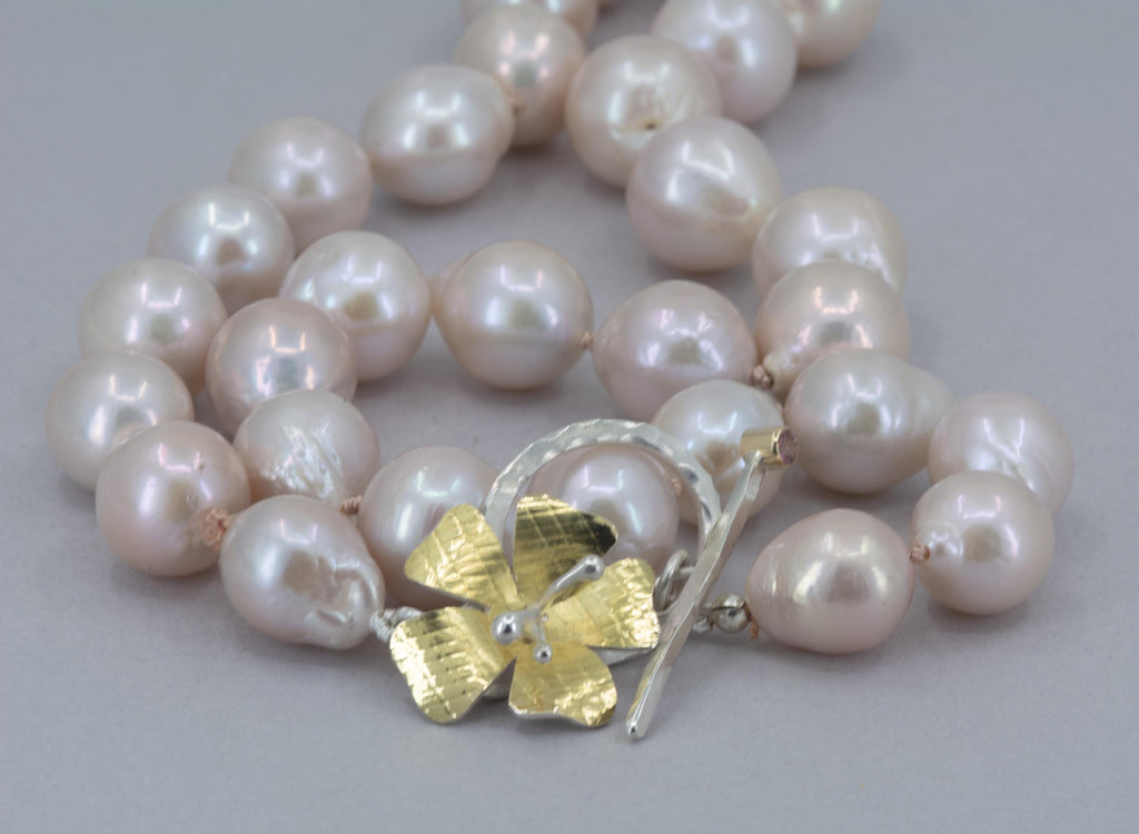 Blush Baroque Pearl Necklace: 18K Gold Flower Toggle, Hand-Knotted Silk