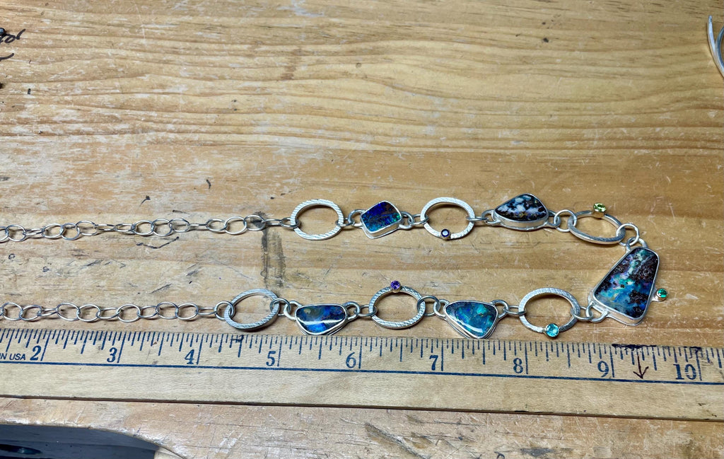 Boulder Opal Chain Link Necklace in Sterling Silver and Gold, OOAK