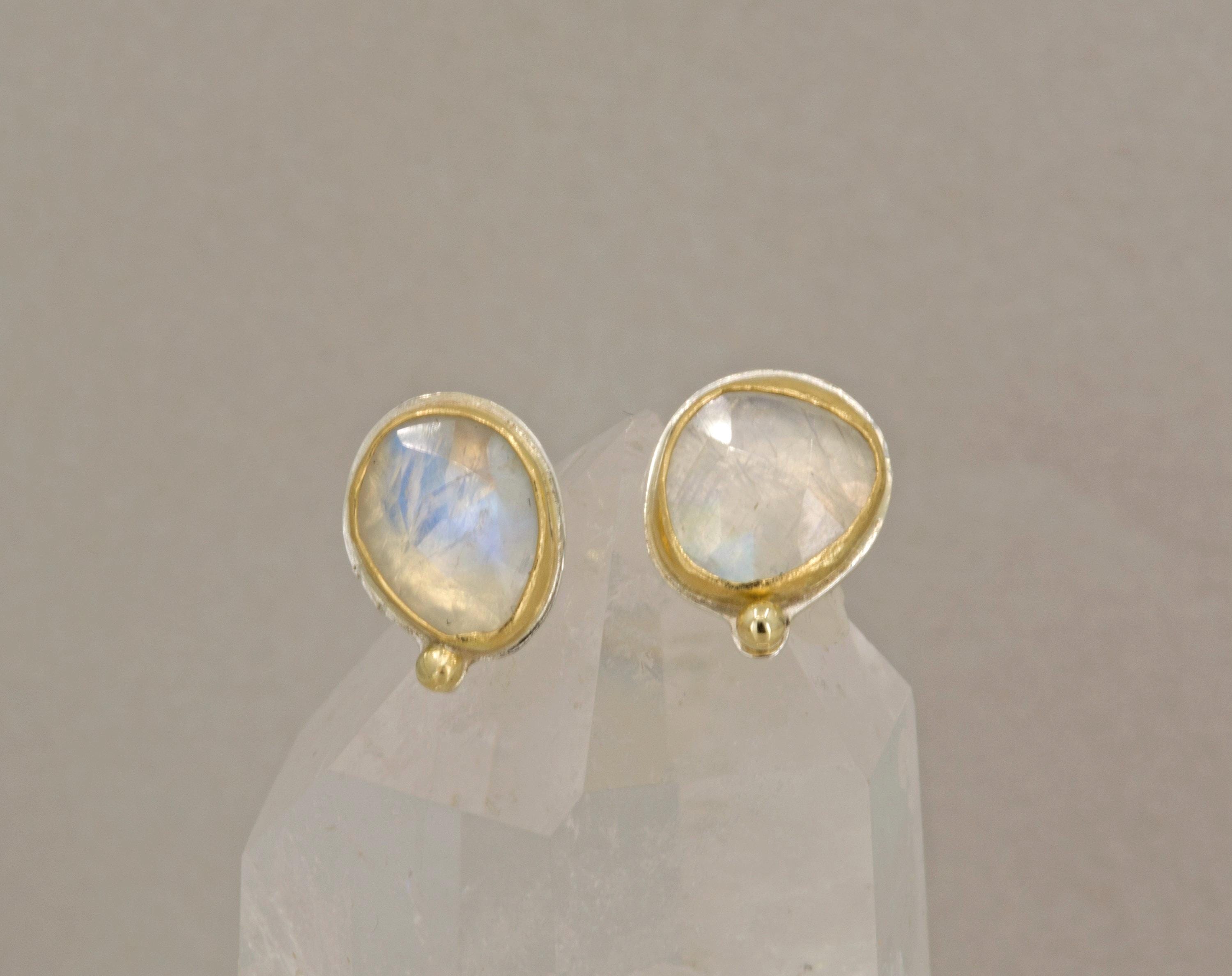 Rose Cut Rainbow Moonstone Stud Earrings: 18k Gold & Argentium Silver