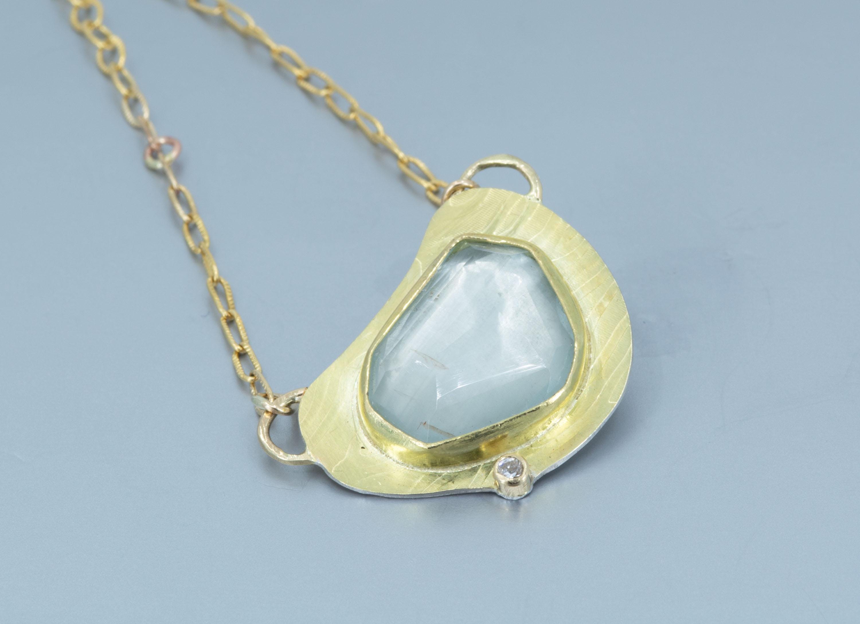 Aquamarine Necklace in Gold with Diamond, Textured Metal March Birthstone