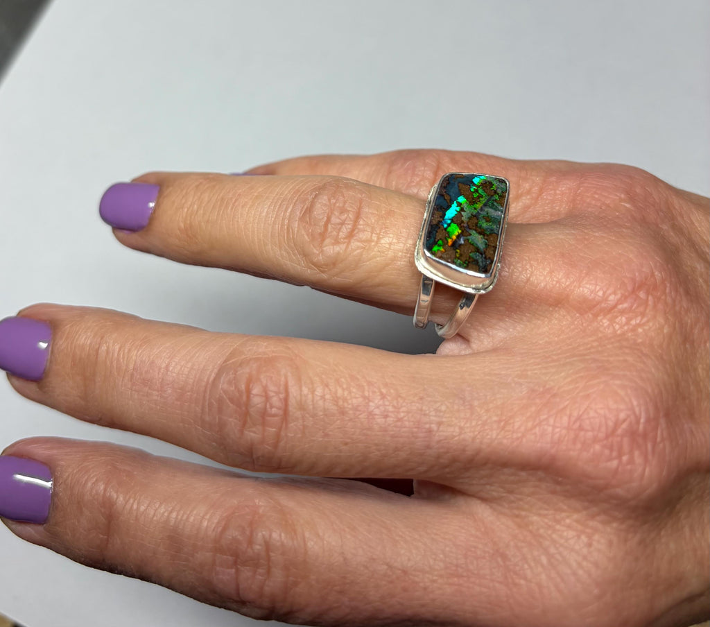 Boulder Opal Ring: Sterling Silver Rectangular Opal, US Size 7.25