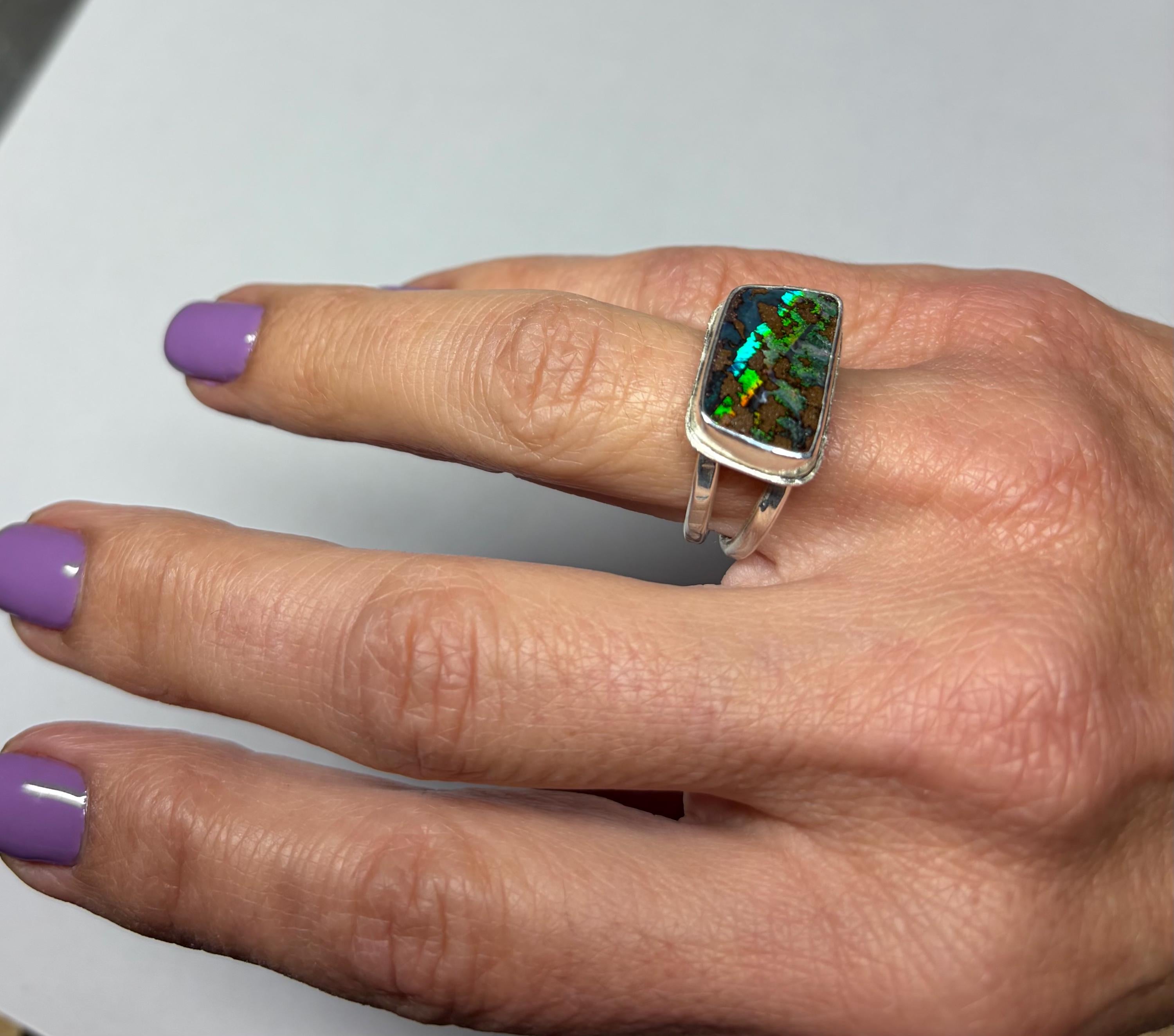 Boulder Opal Ring: Sterling Silver Rectangular Opal, US Size 7.25