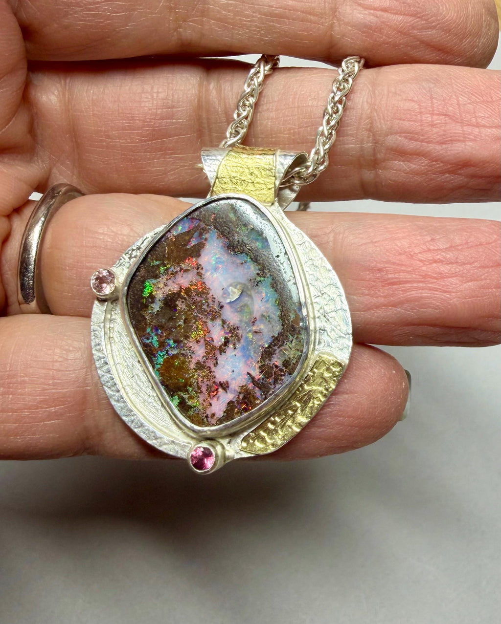 Boulder Opal Pendant in Silver and Gold, Red Flash Opal, One of A Kind