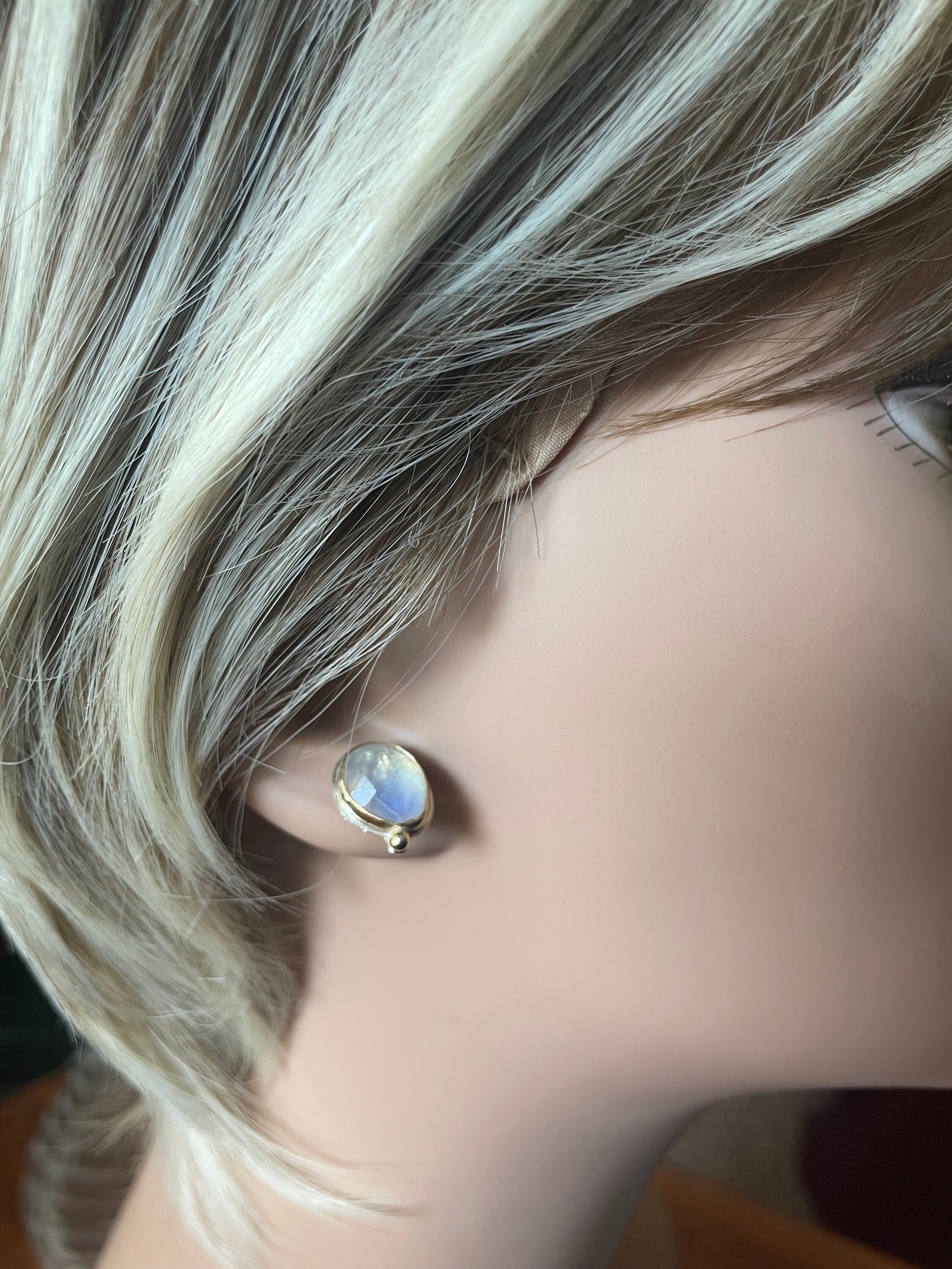 Rose Cut Rainbow Moonstone Stud Earrings: 18k Gold & Argentium Silver