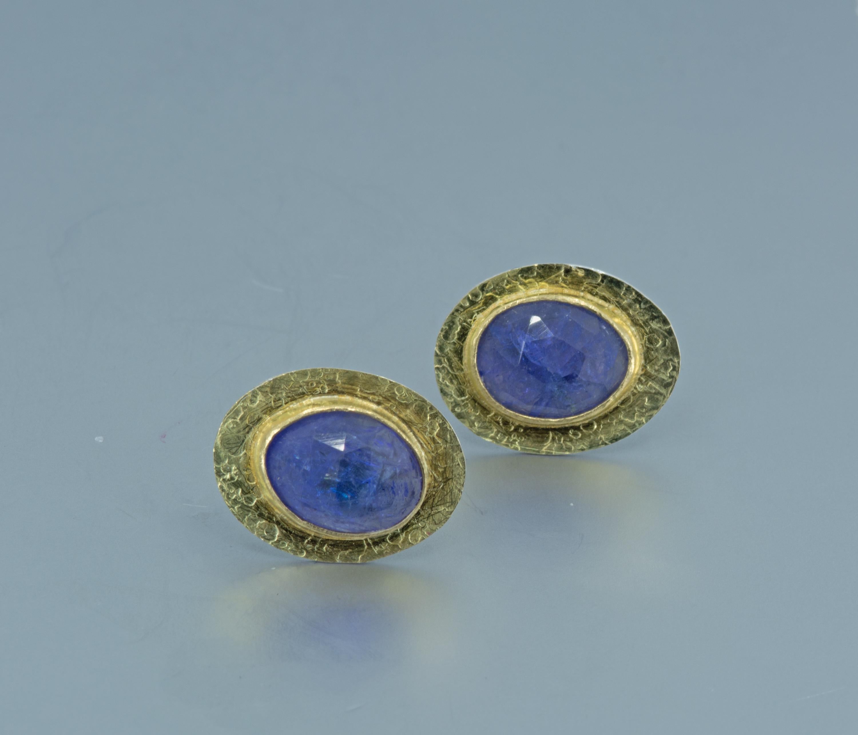 18K Gold Tanzanite Stud Earrings: Rose Cut, Sterling Silver Back