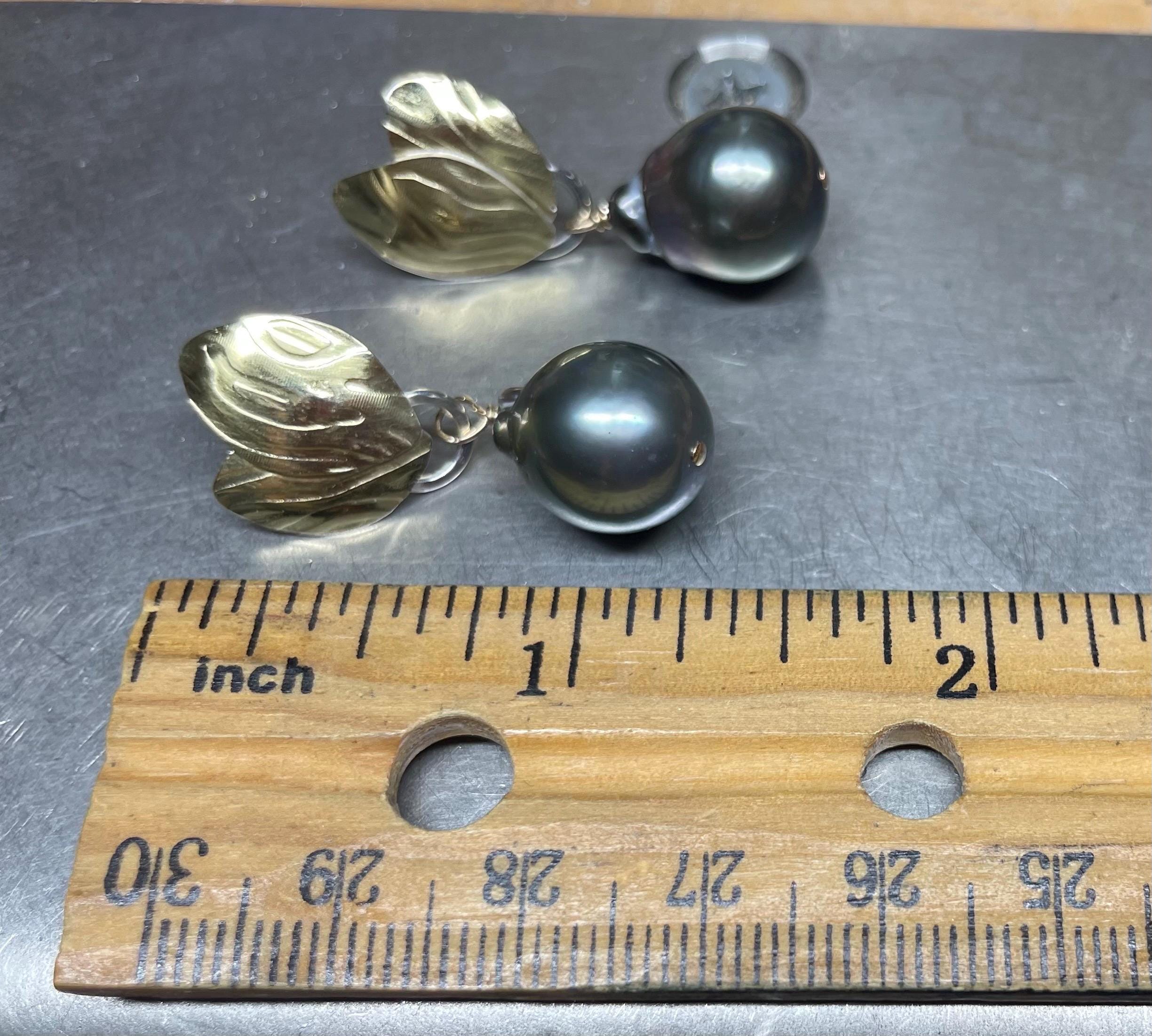 Tahitian Black Pearl Earrings: 18k Gold Botanical Earrings, OOAK