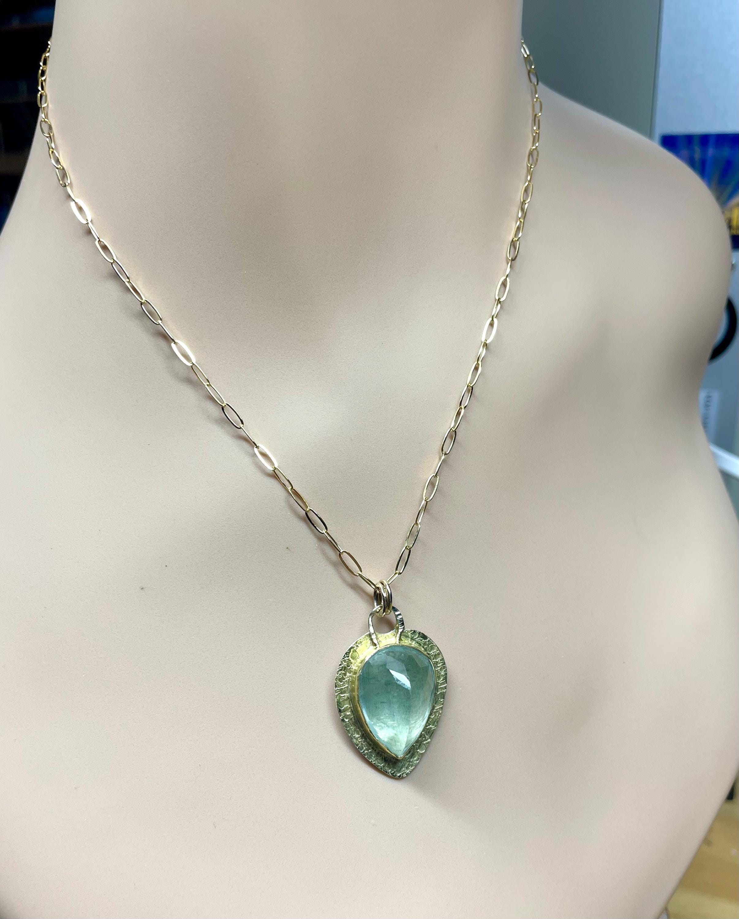 Large Moss Aquamarine Pendant: 18K Gold Textured Bezel, March Birthstone
