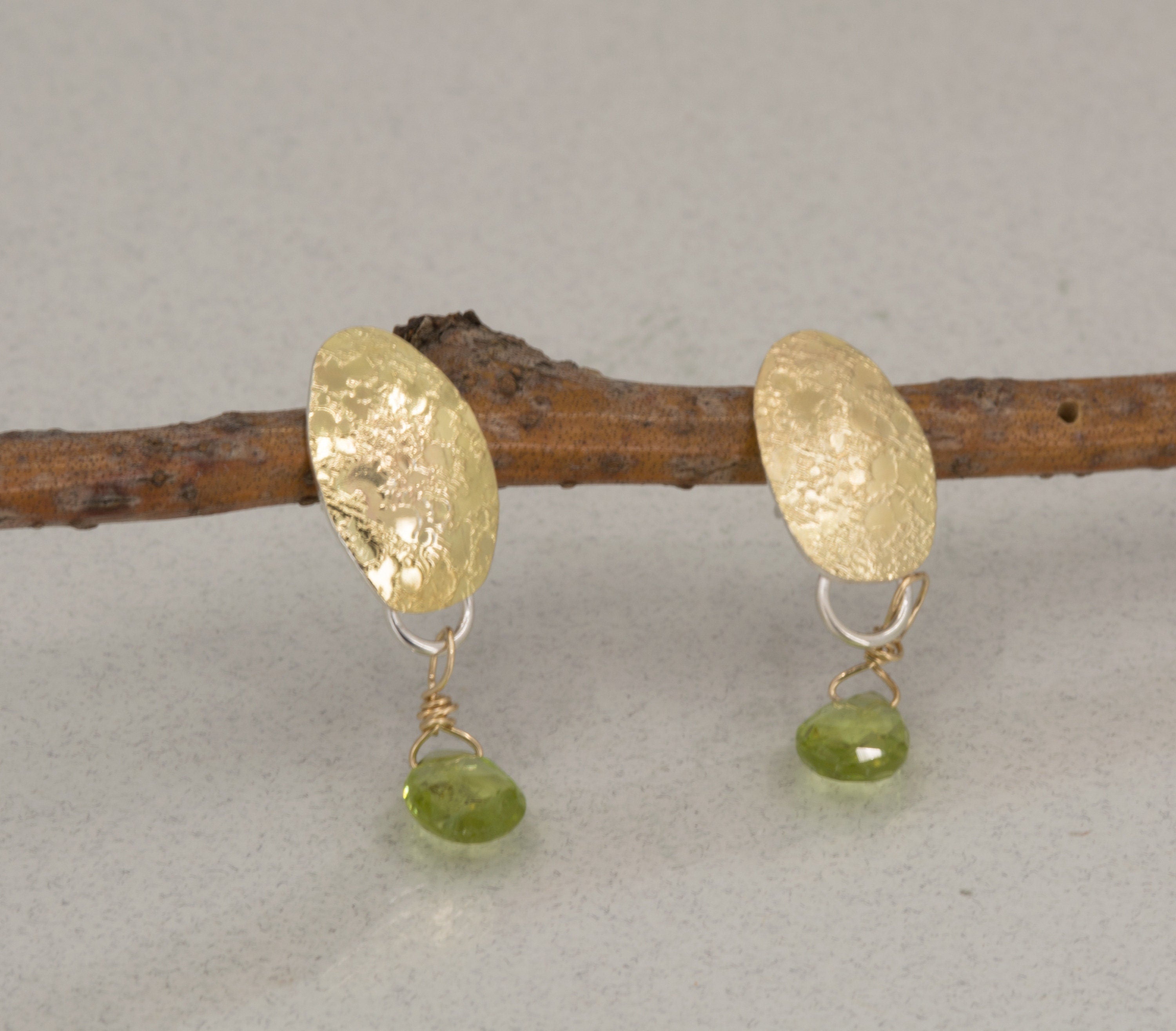 Peridot Drop Earrings: 18K Gold Leaf, Sterling Silver Posts, August Birthstone