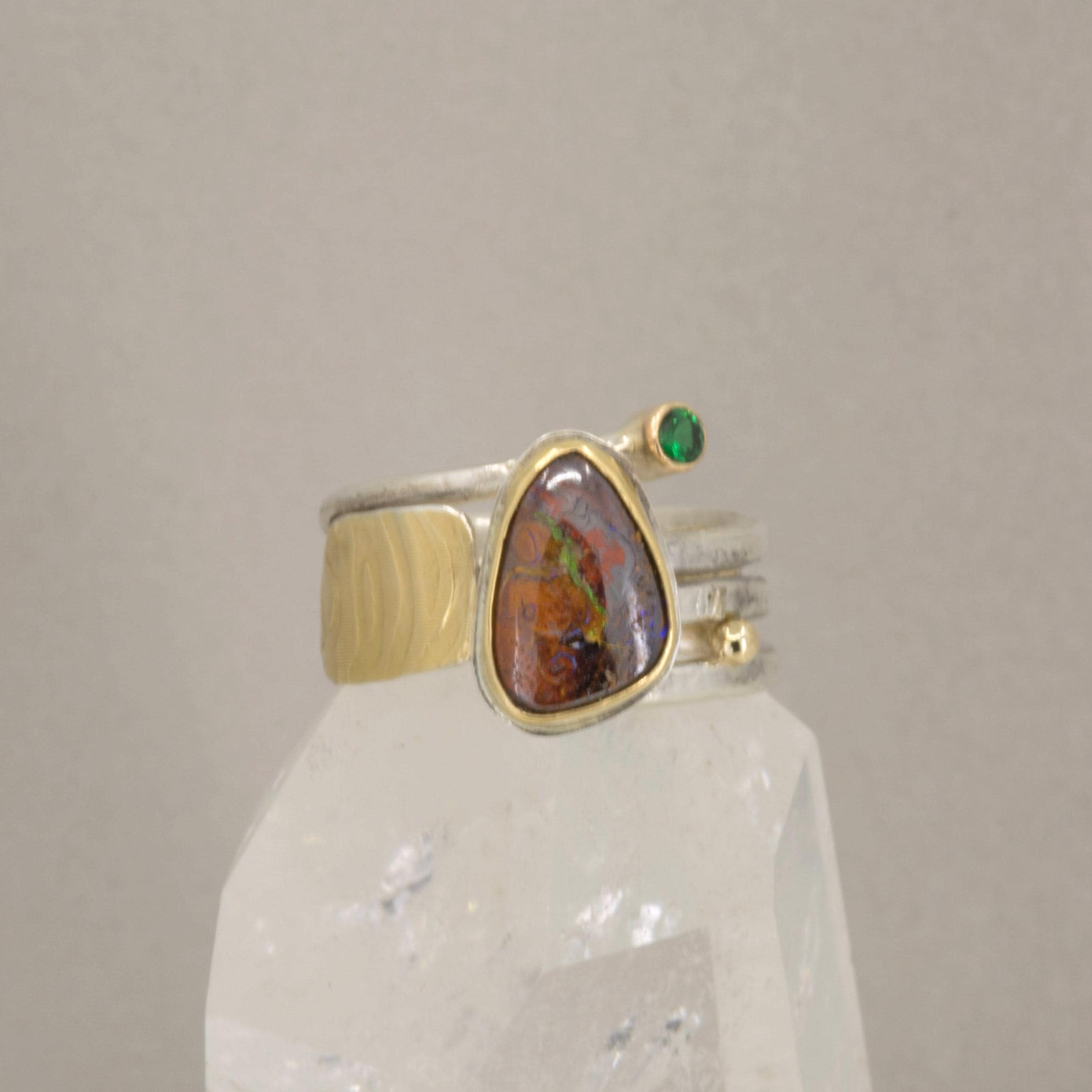 Boulder Opal 18K Gold Ring: Handmade Sterling Silver Multi-Band, US Size 8 or 8.5
