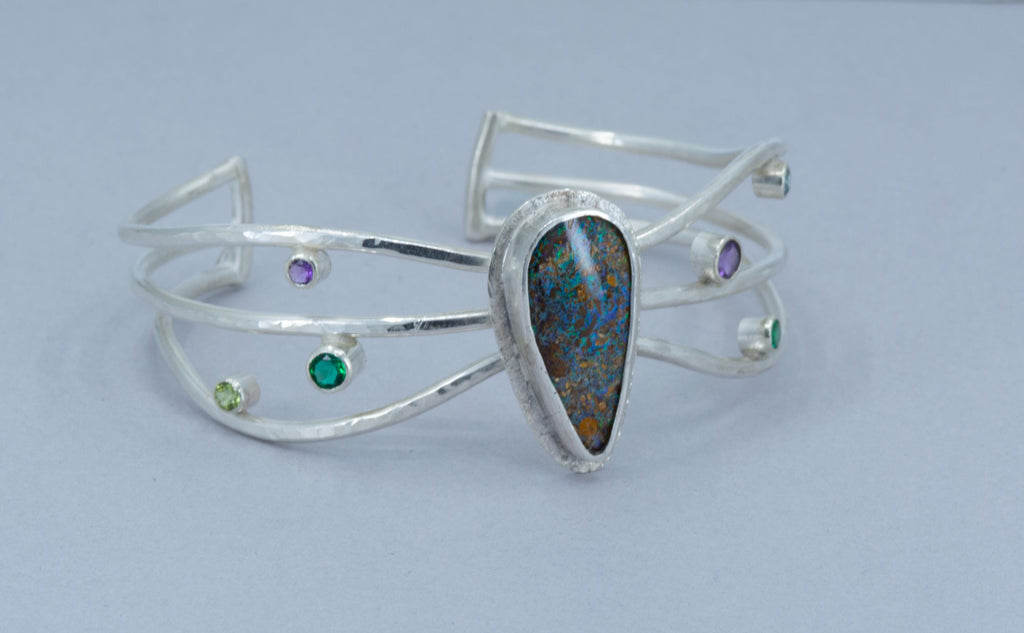 Boulder Opal Cuff Bracelet: Sterling Silver, Emerald, Amethyst