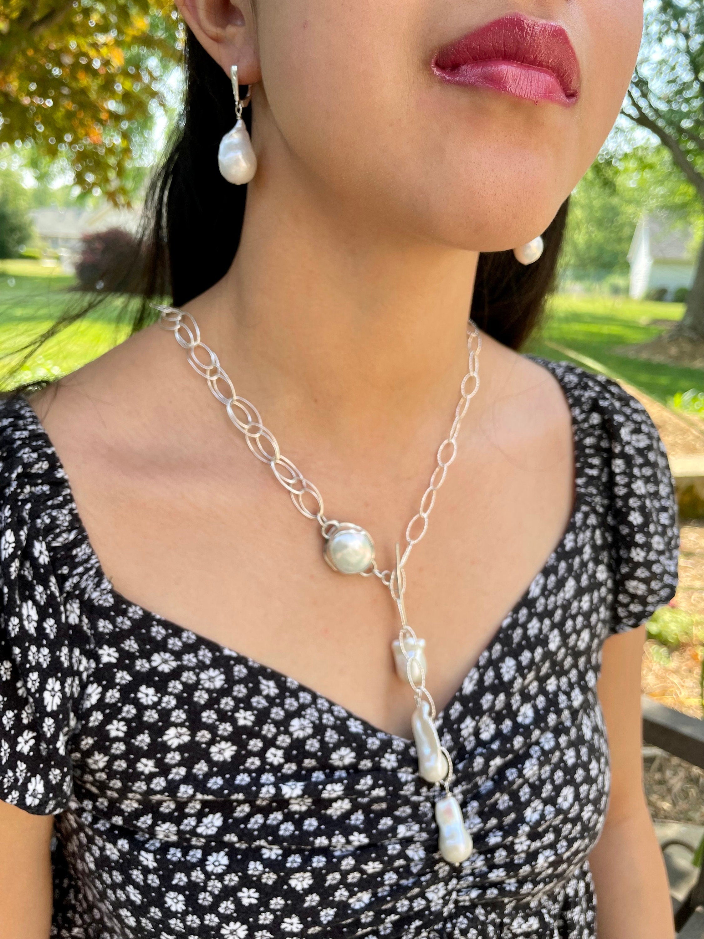 Extra Large Freshwater Pearls in Sterling, White Baroque Pearl Dangle Earrings, June Birthstone