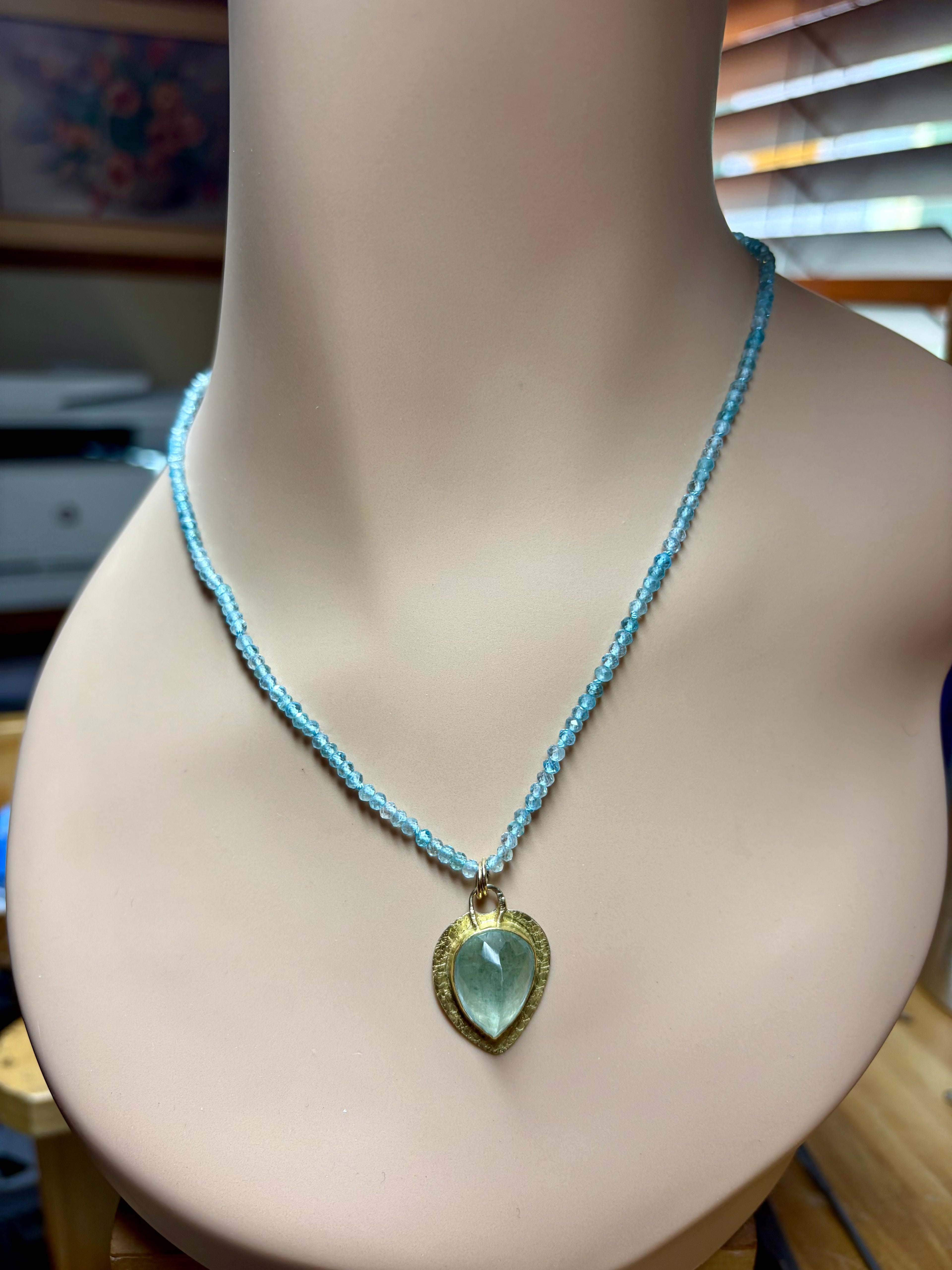 Large Moss Aquamarine Pendant: 18K Gold Textured Bezel, March Birthstone