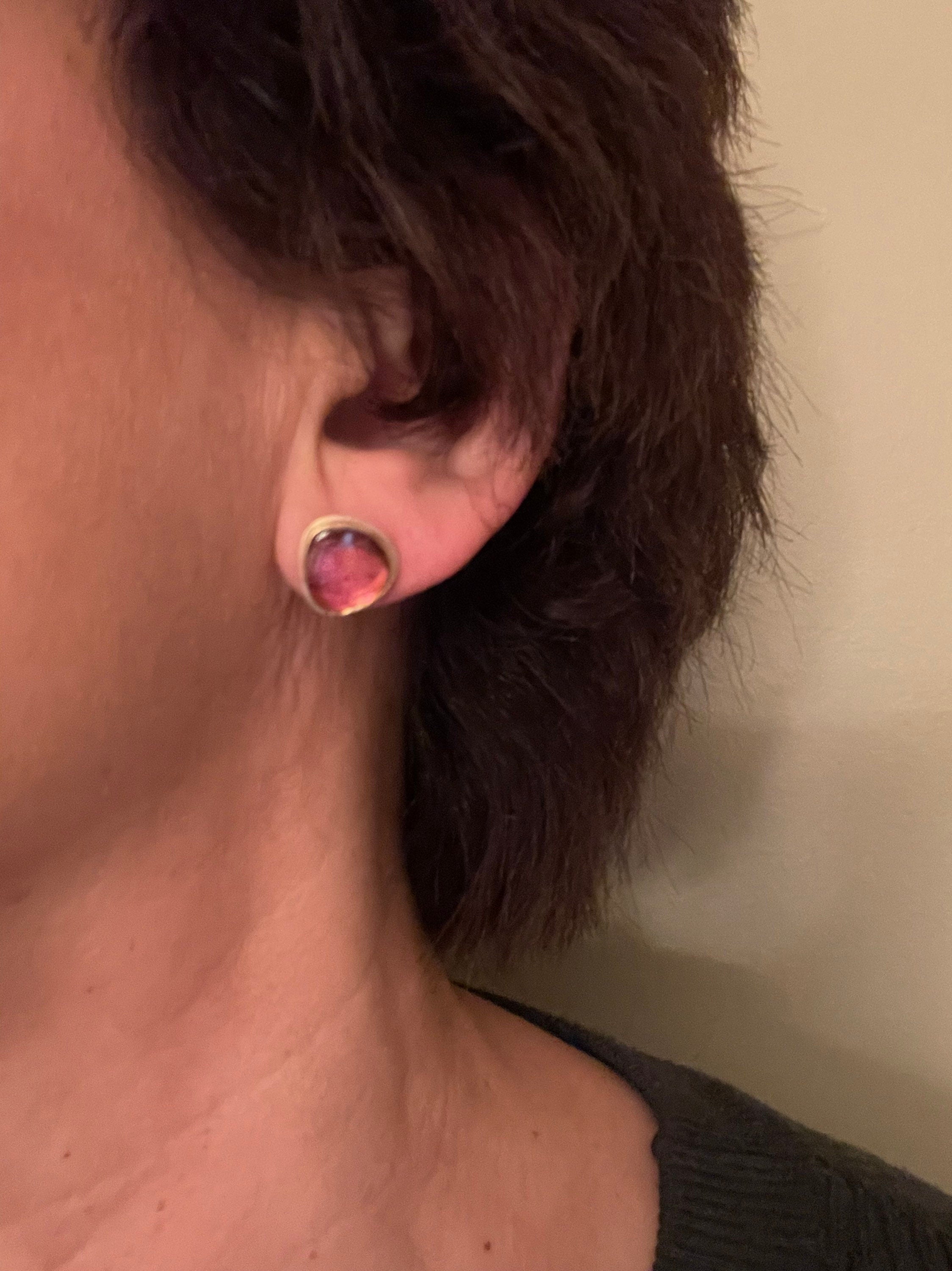 18K Gold Watermelon Tourmaline Earrings, Sterling Silver Back - October Birthstone