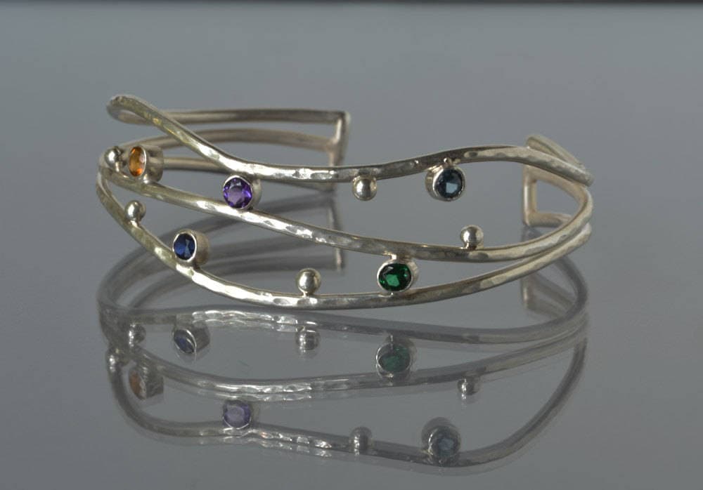 Birthstone Cuff Bracelet in Sterling Silver with Multi Stones, Personalized Cuff, Made to Order