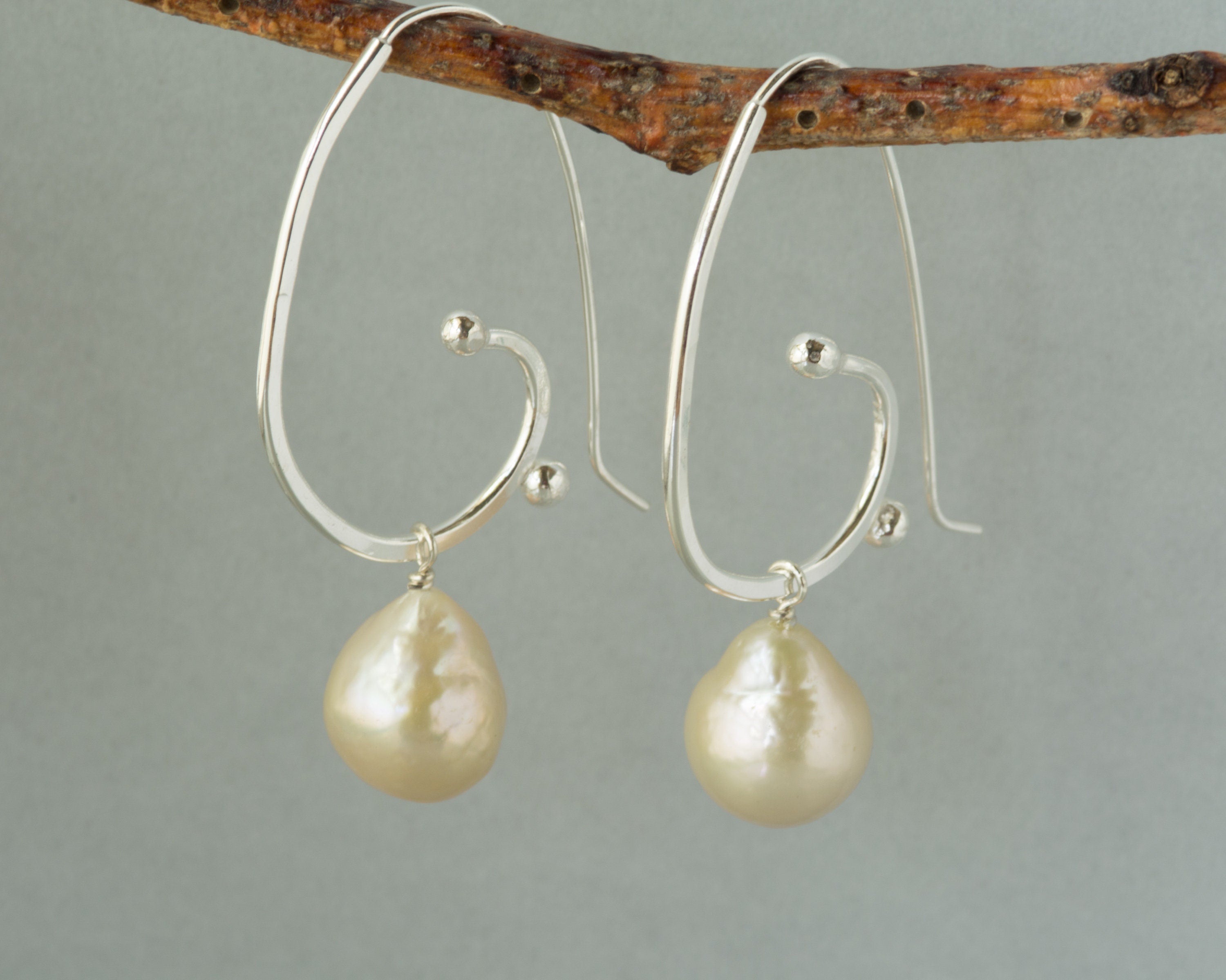 Handmade Sterling Silver Baroque Pearl Hoop Earrings