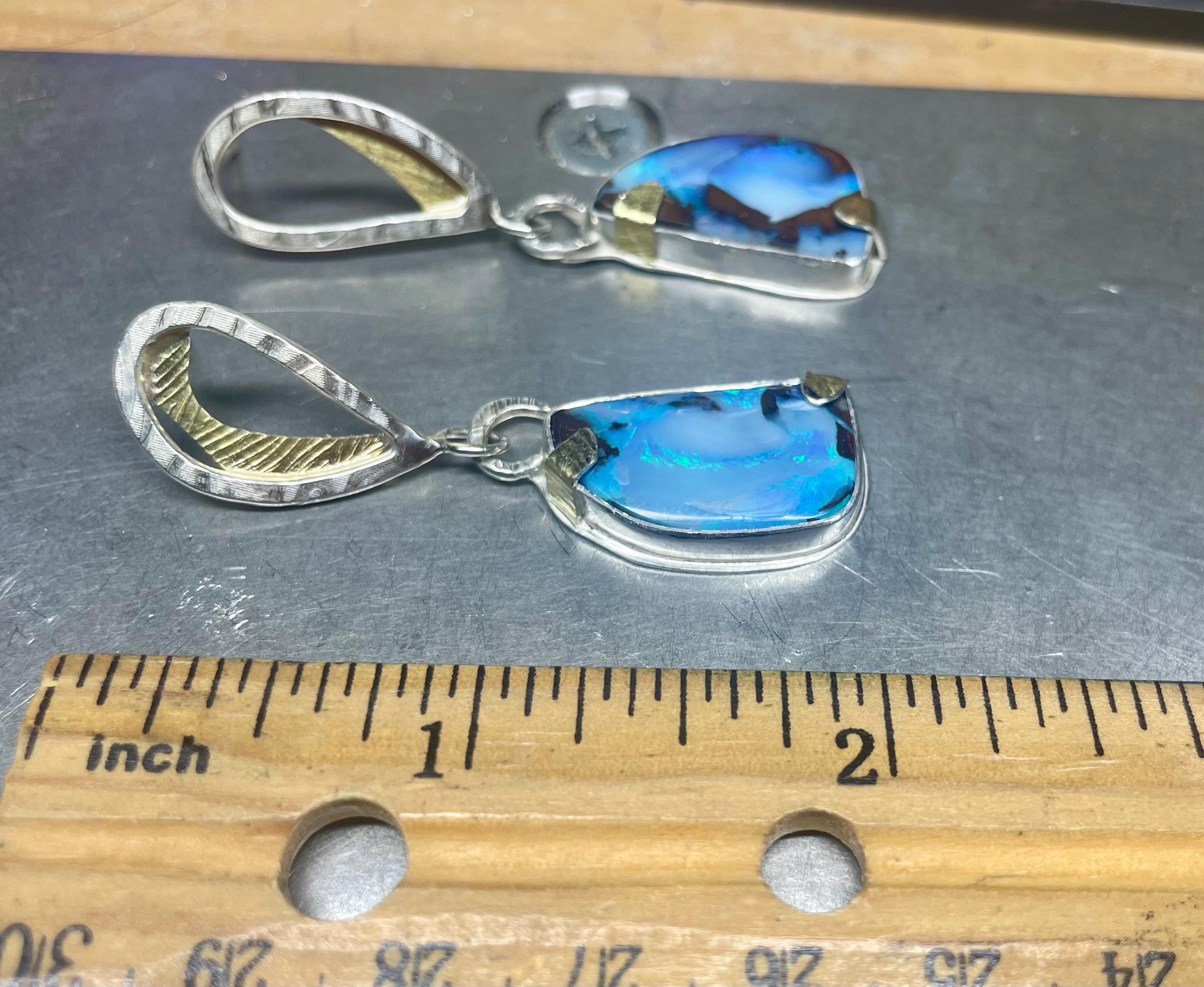 Boulder Opal Dangle Earrings: Silver & 18K Gold, Australian Gemstone