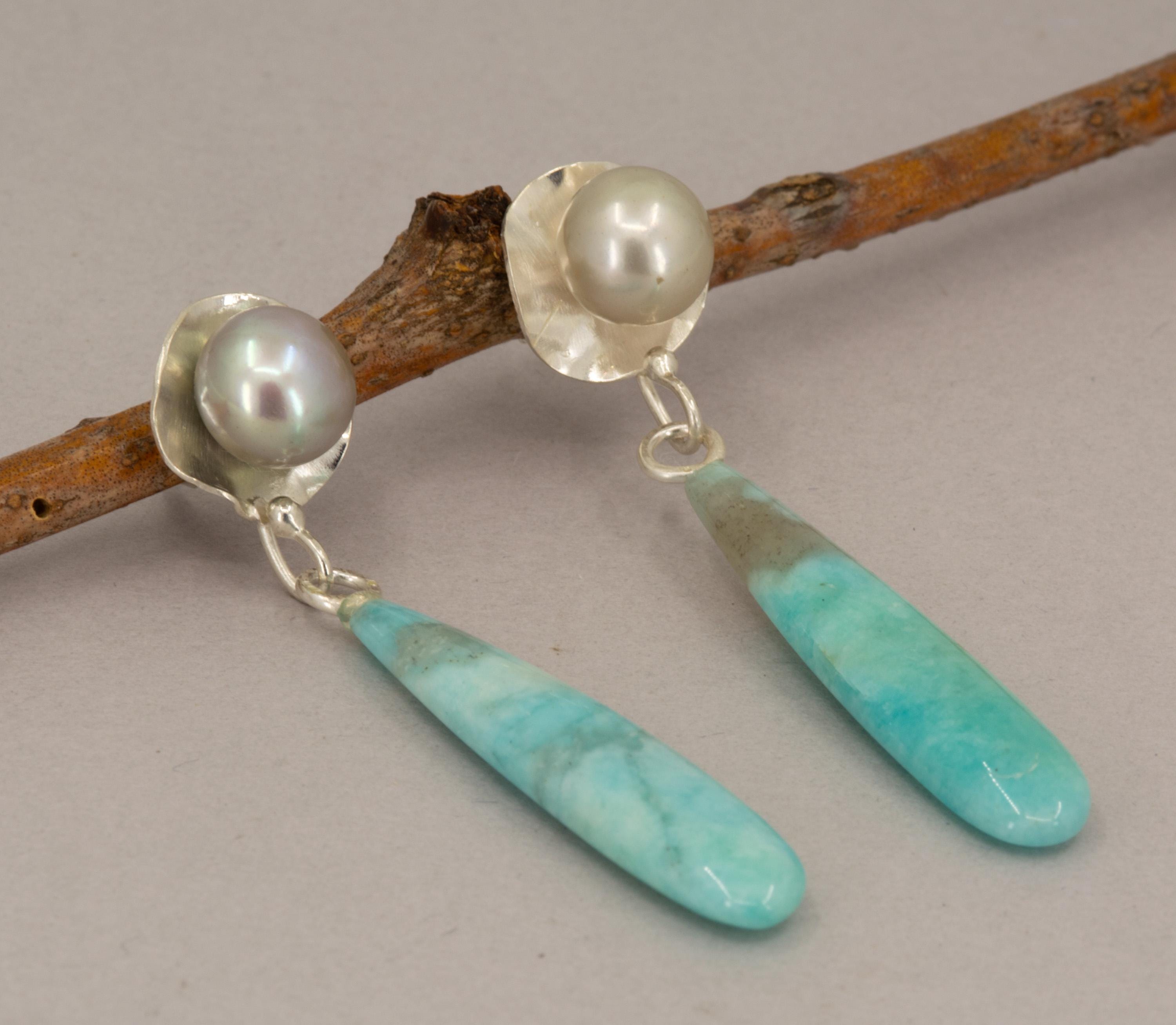 Ocean Blue Amazonite and Pearl Earrings on Post, Long Statement Dangle Earrings, OOAK