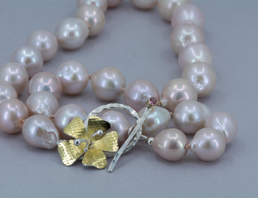 Blush Baroque Pearl Necklace: 18K Gold Flower Toggle, Hand-Knotted Silk