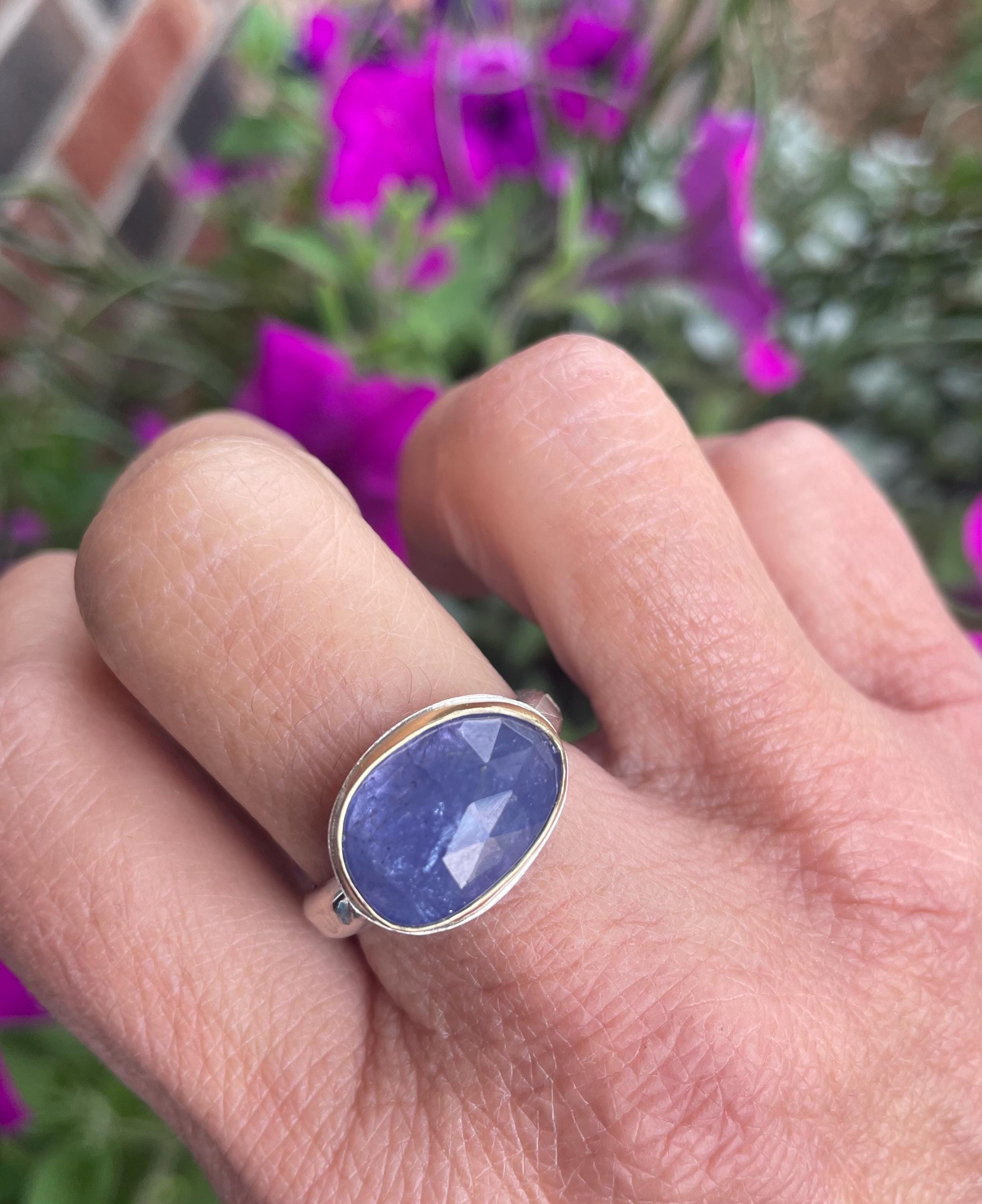 Large Rose cut Tanzanite Ring in Gold and Sterling, Statement Ring, US Size 9