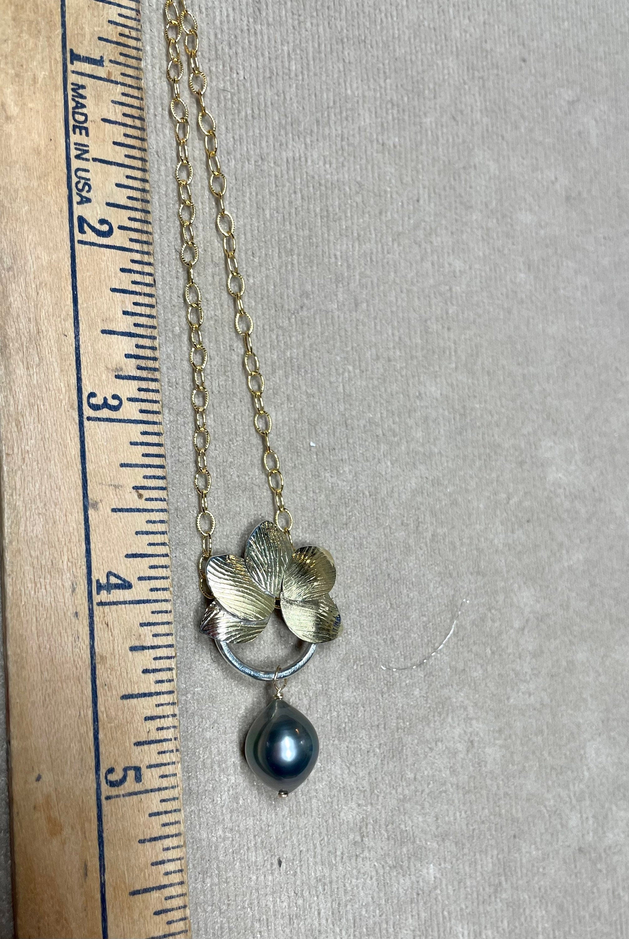 Tahitian Pearl Floral Pendant Necklace: 18K Gold & Silver, June Birthstone