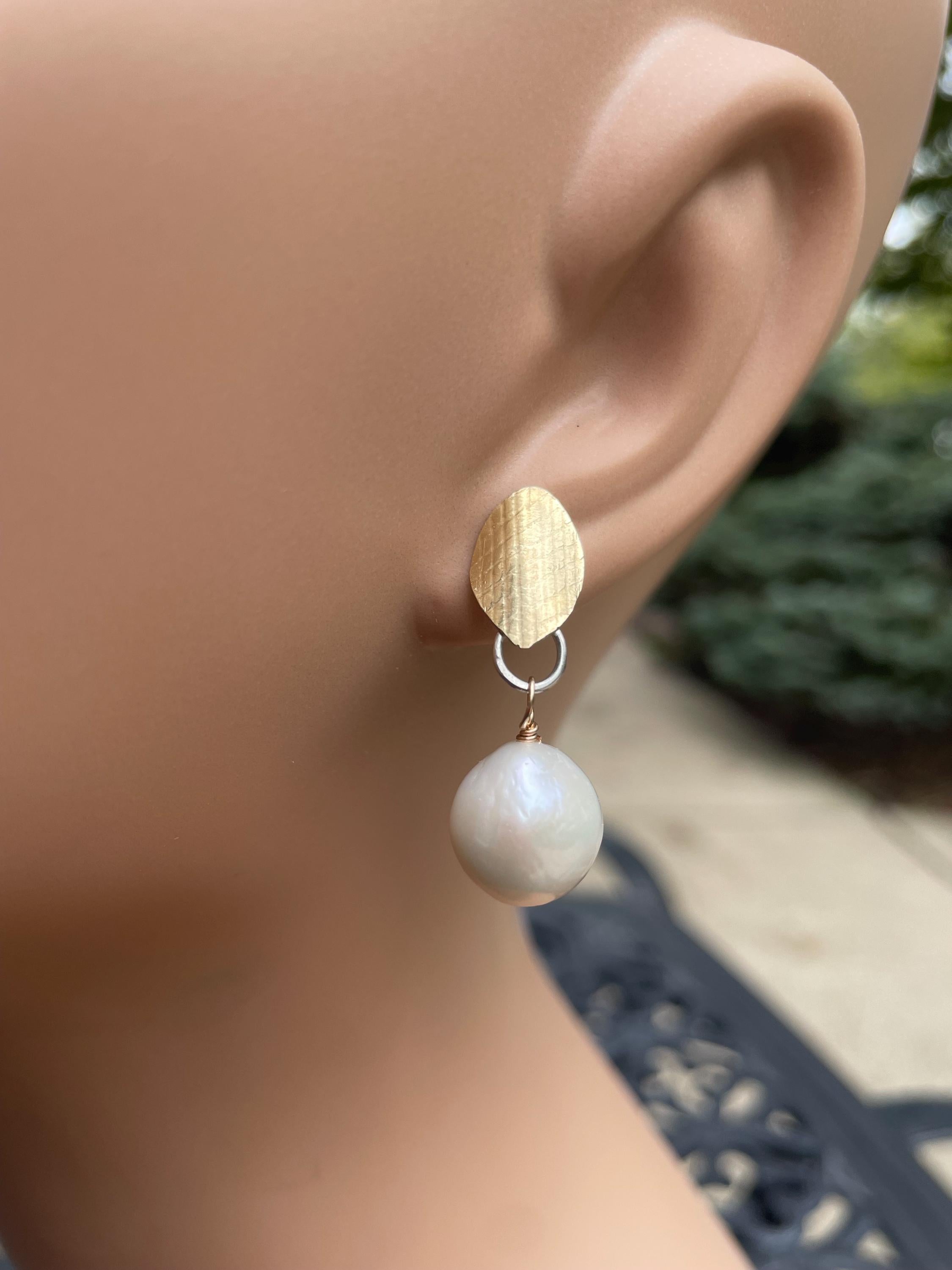 White Pearl Earrings: 18K Gold Leaf, Sterling Silver Posts