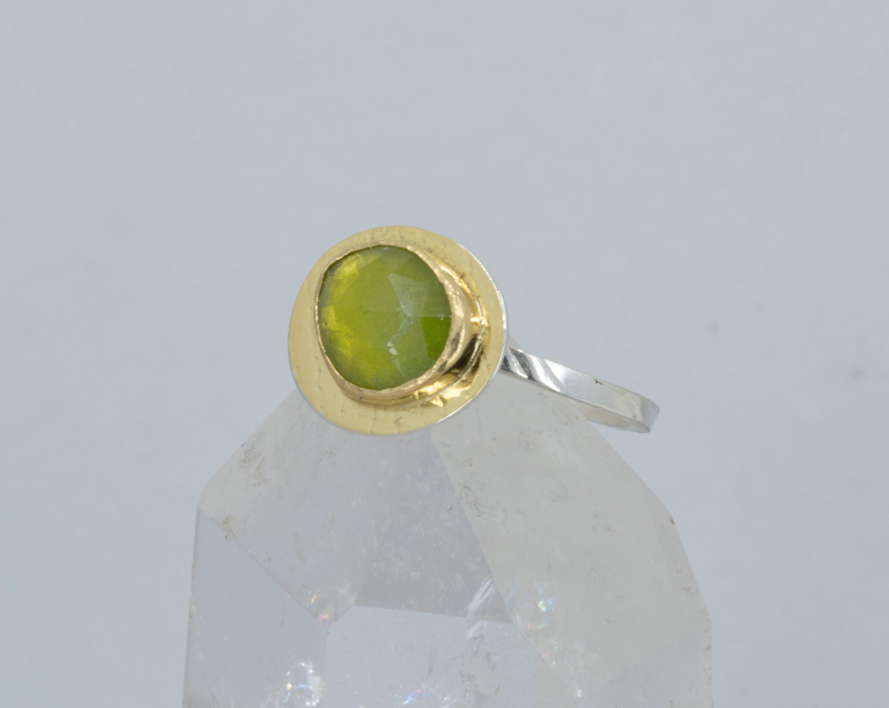 Green Vesuvianite Ring: Rose Cut Green Garnet in 18K Gold, Textured Sterling Silver Band