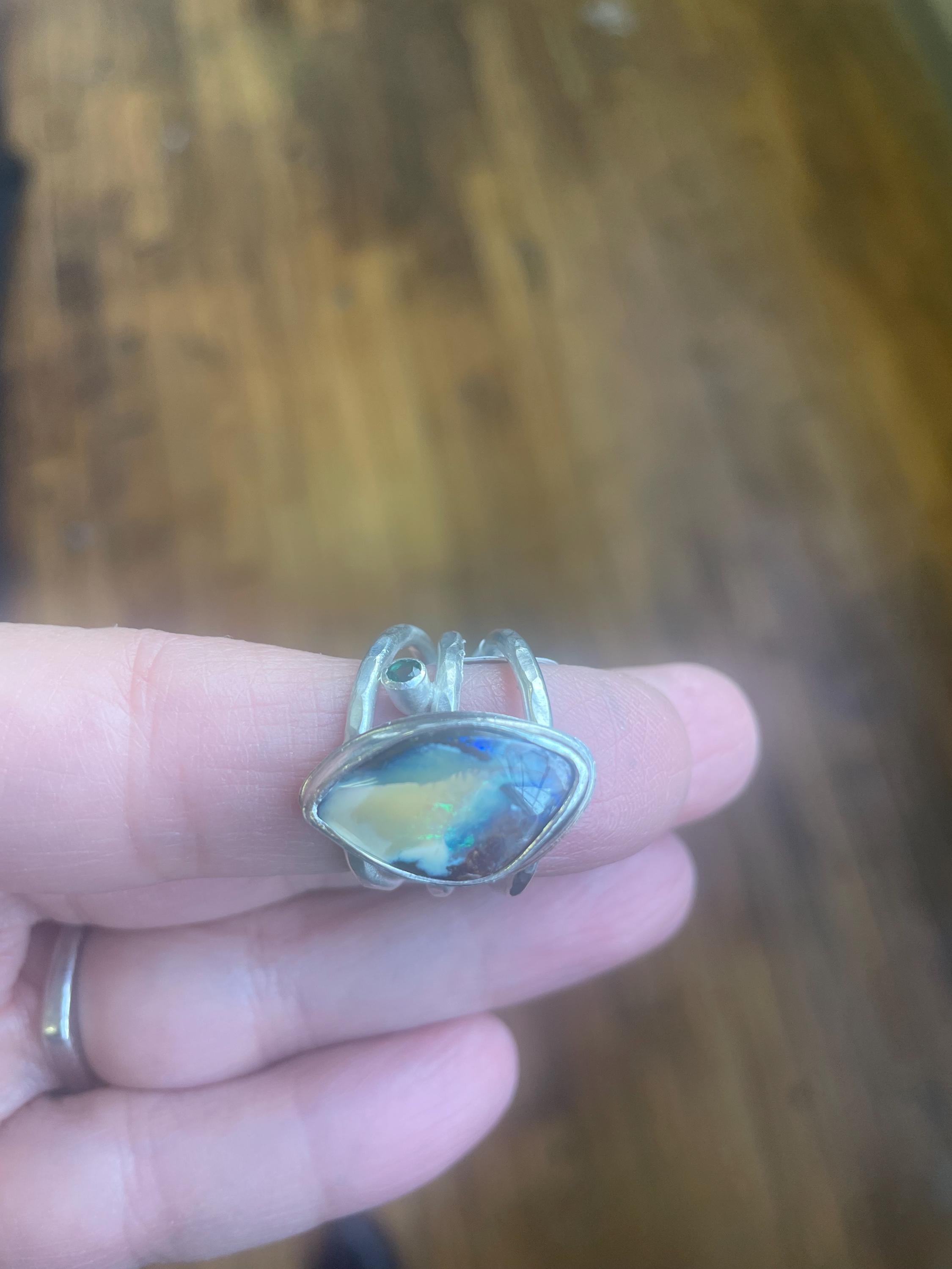 Boulder Opal Ring: Argentium Silver, Emerald Accent, US Size 7.5
