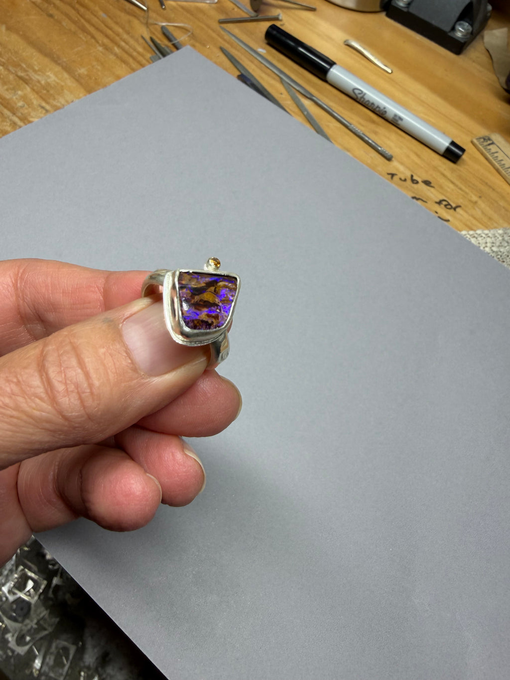 Purple Australian Boulder Opal Ring, Sterling Silver, Size 8