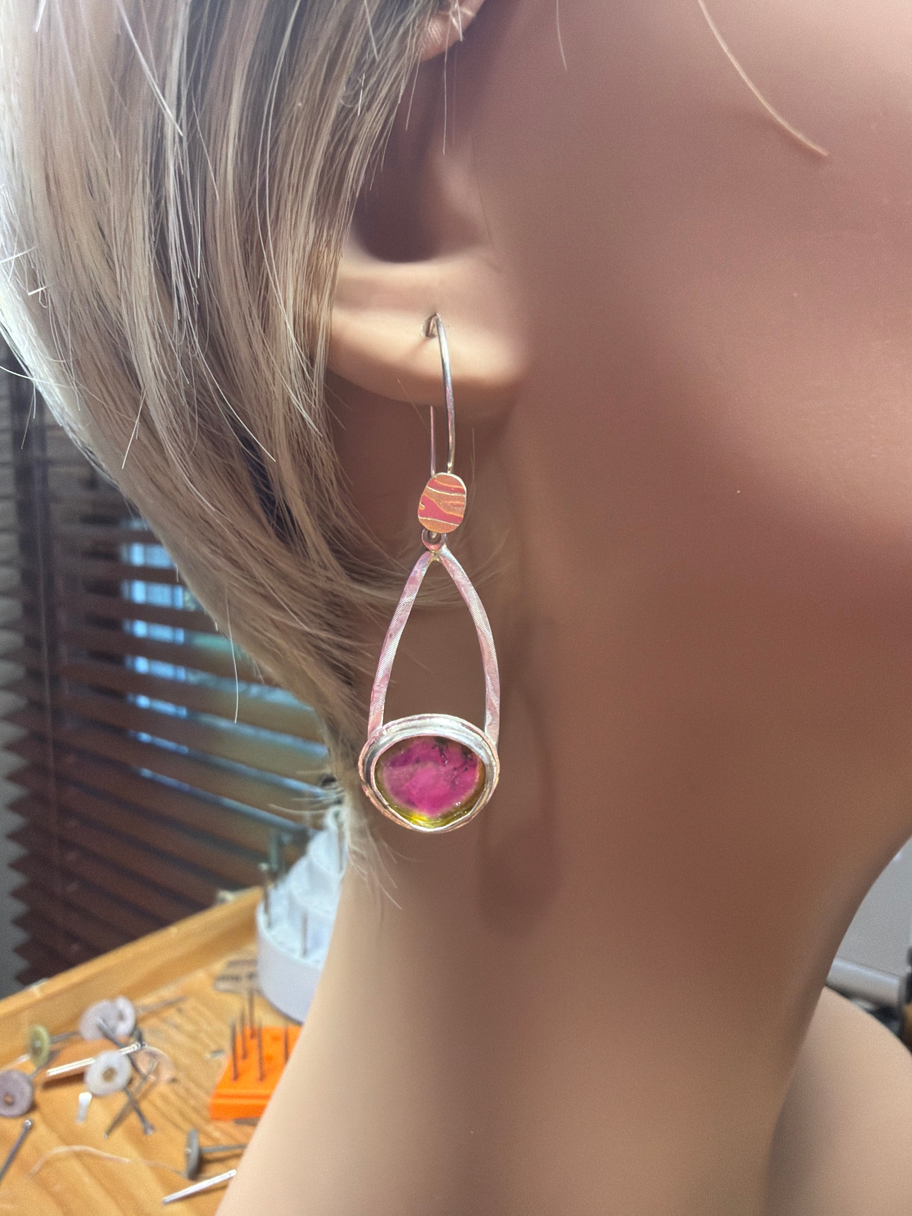 Watermelon Tourmaline Dangle Earrings in Silver, October Birthstone