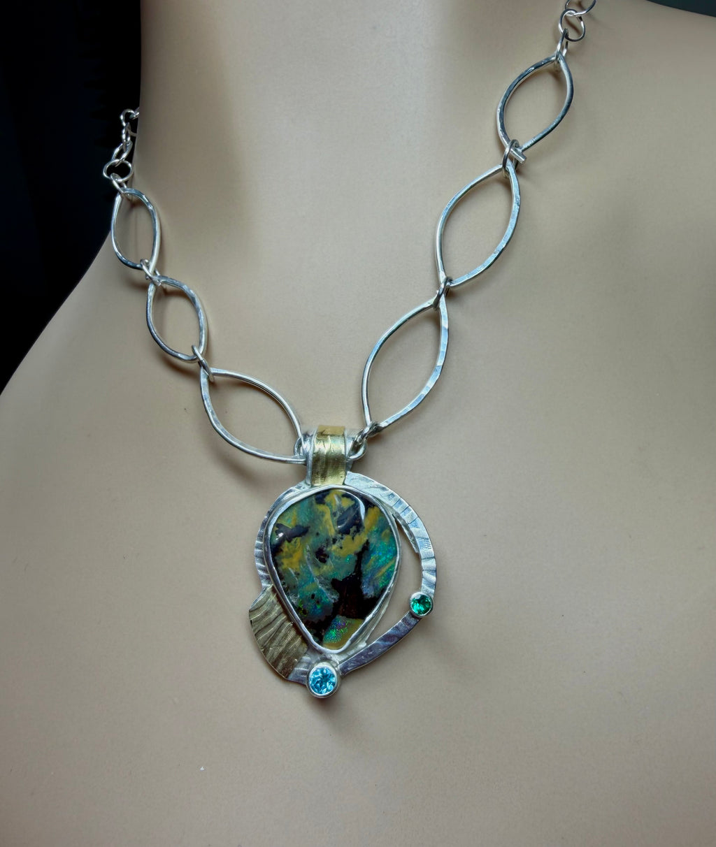 Boulder Opal Necklace in Sterling Silver and Gold, Green Flash Opal Pendant, OOAK