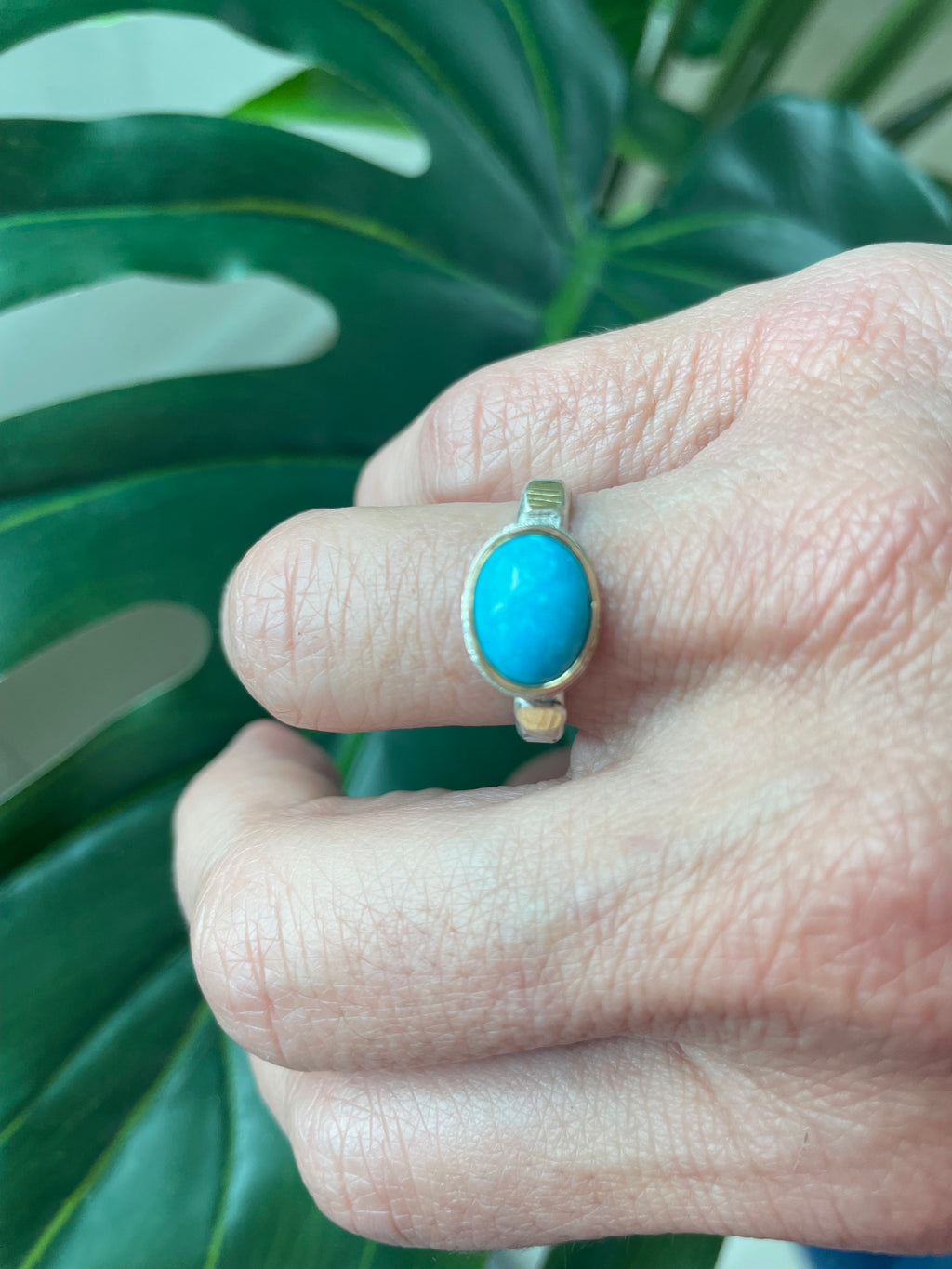 Arizona Turquoise Ring: 18K Gold & Sterling Silver, Blue Turquoise Cabochon, Size 8
