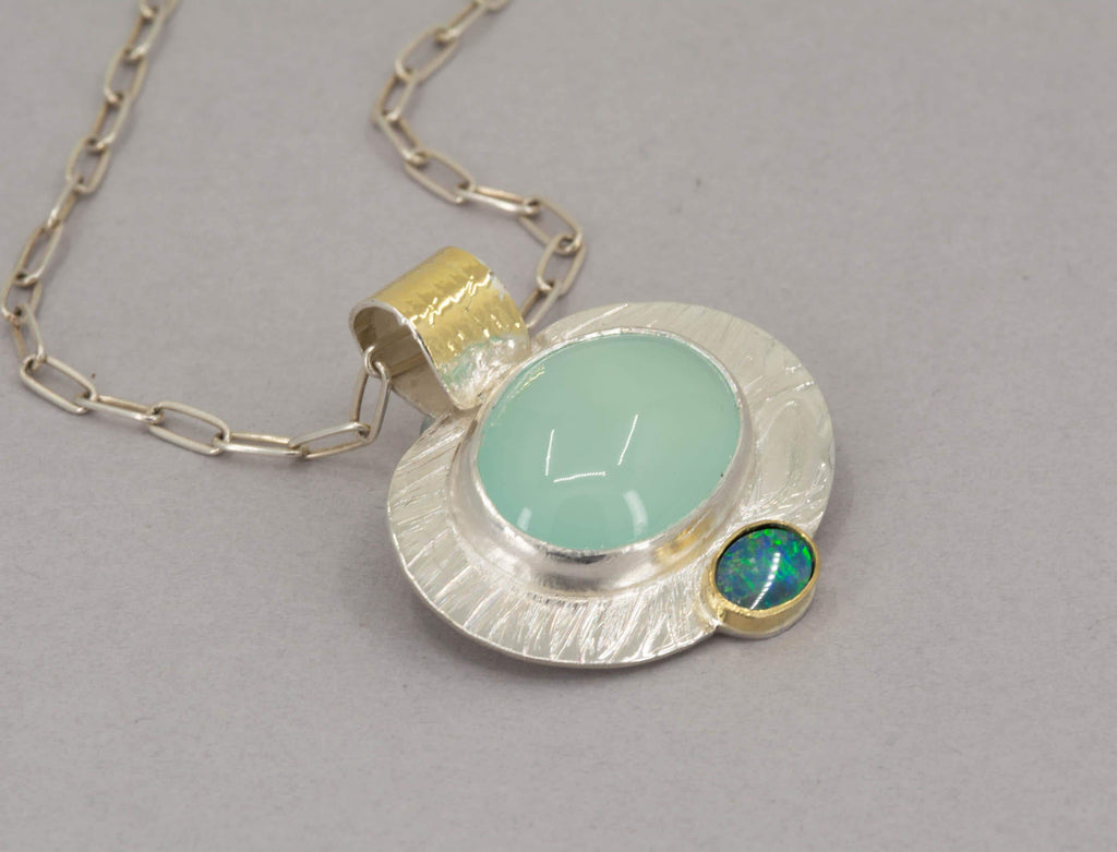 Aqua Chalcedony Opal Pendant: Sterling Silver, 18K Gold Statement Necklace