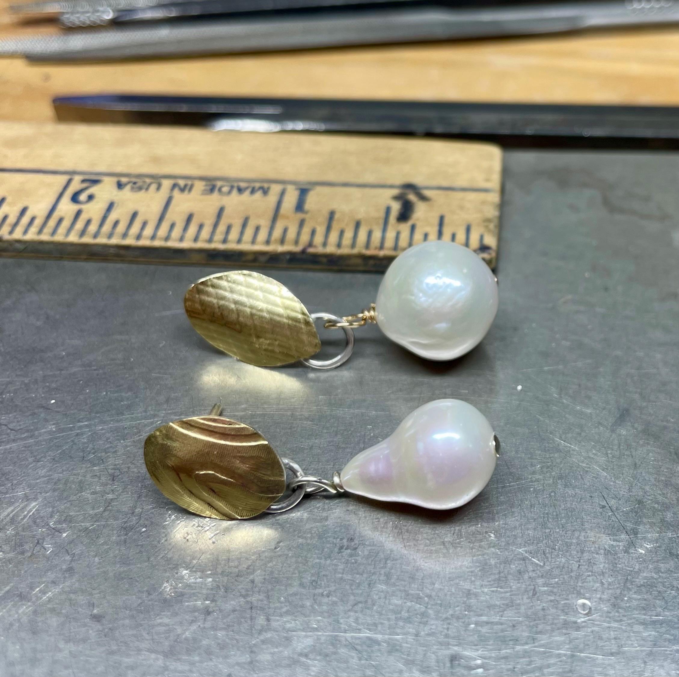 White Pearl Earrings: 18K Gold Leaf, Sterling Silver Posts