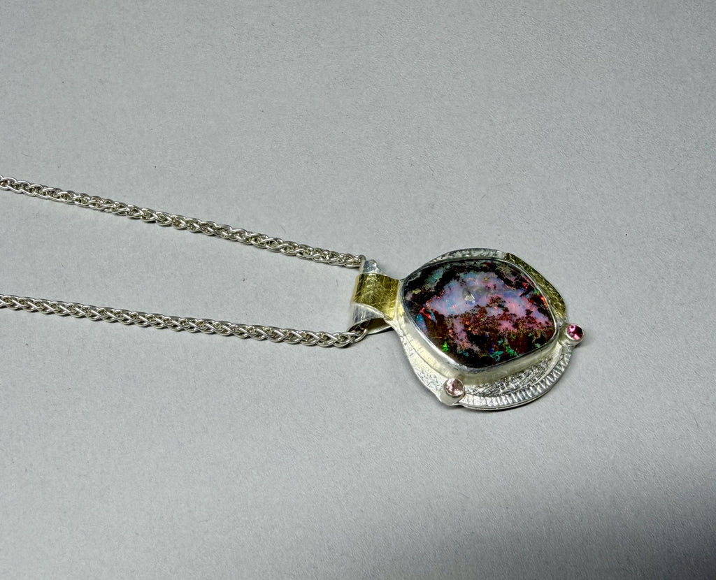 Boulder Opal Pendant in Silver and Gold, Red Flash Opal, One of A Kind