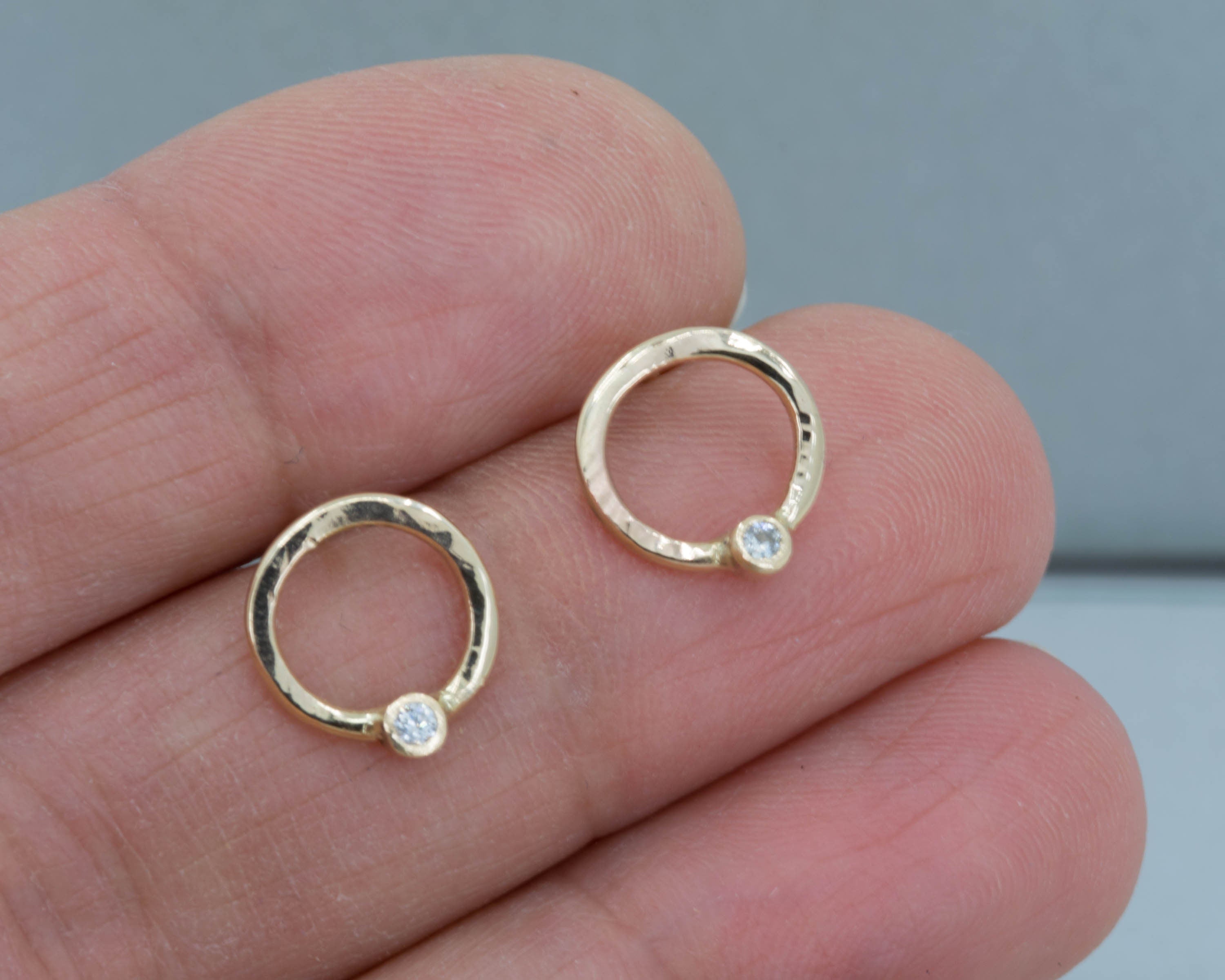 Gold and Diamond Hoop Stud Earrings, April Birthstone, One of a Kind Contemporary Earrings
