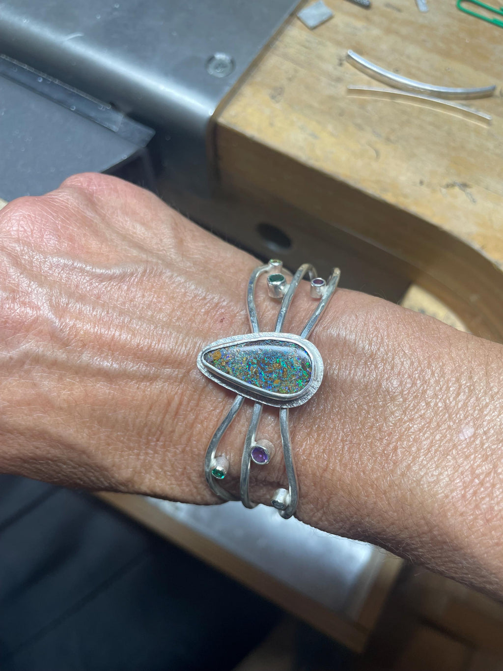 Boulder Opal Cuff Bracelet: Sterling Silver, Emerald, Amethyst
