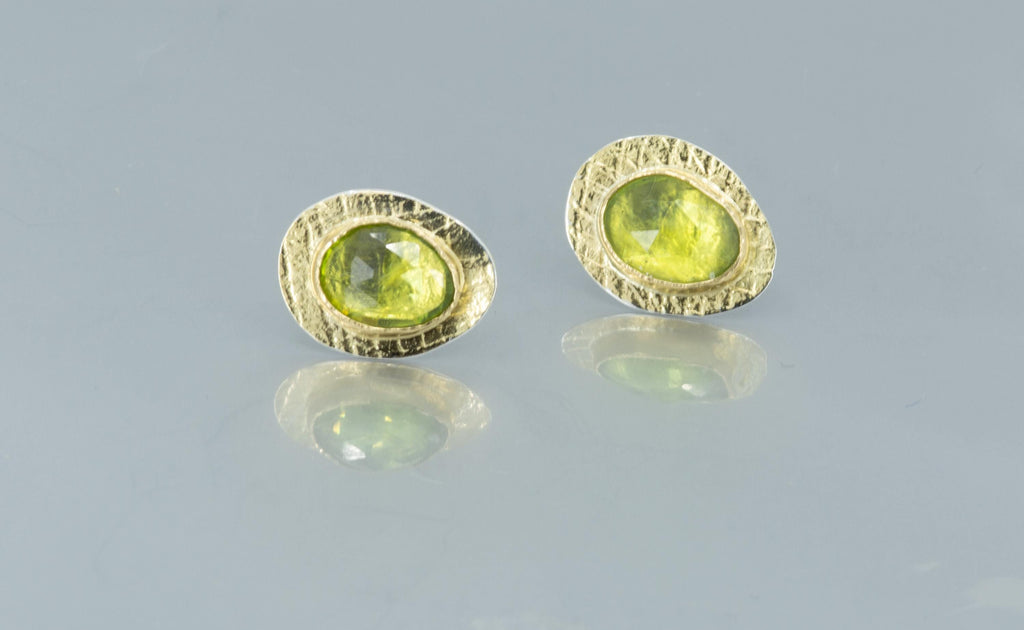 Rose Cut Peridot Earrings in 18K Gold, August Birthstone, OOAK