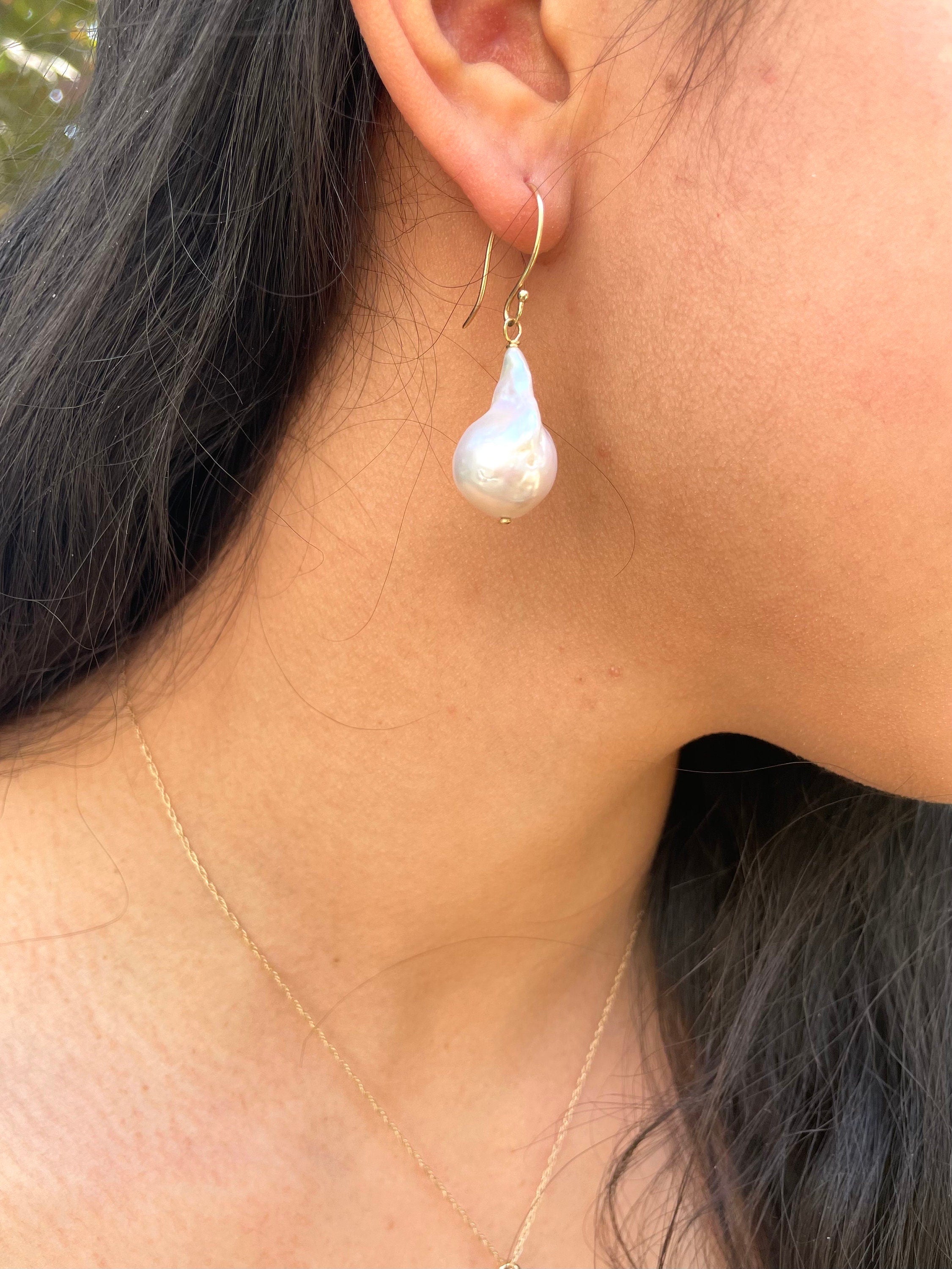14K Gold Baroque Pearl Dangle Earrings: Large White Pearl, June Birthstone
