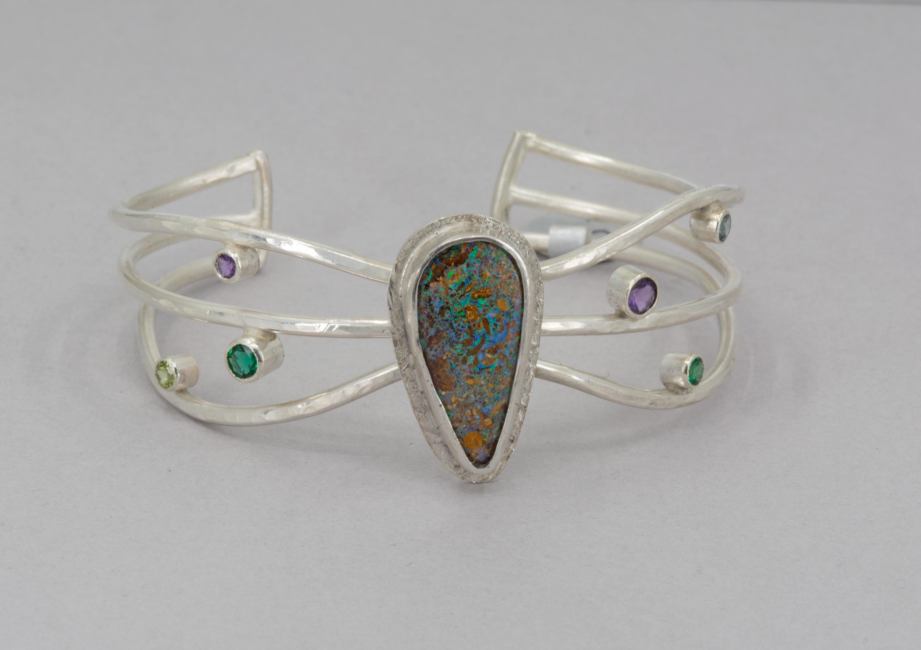 Boulder Opal Cuff Bracelet: Sterling Silver, Emerald, Amethyst