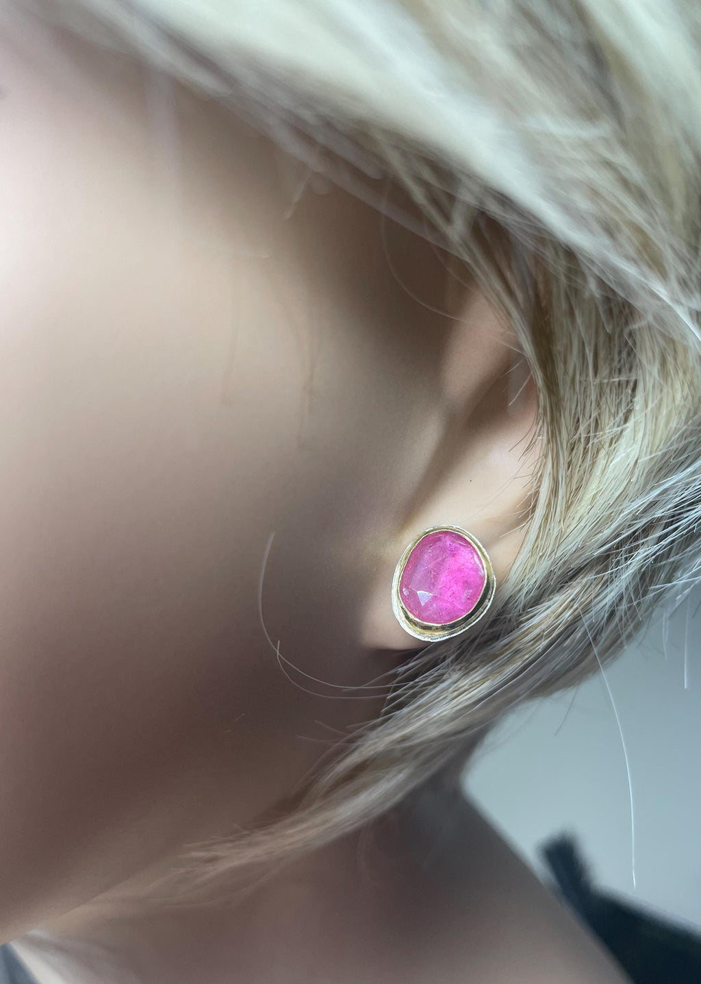 Ruby Stud Earrings set in 18K Gold and Sterling Silver, OOAK, July birthstone