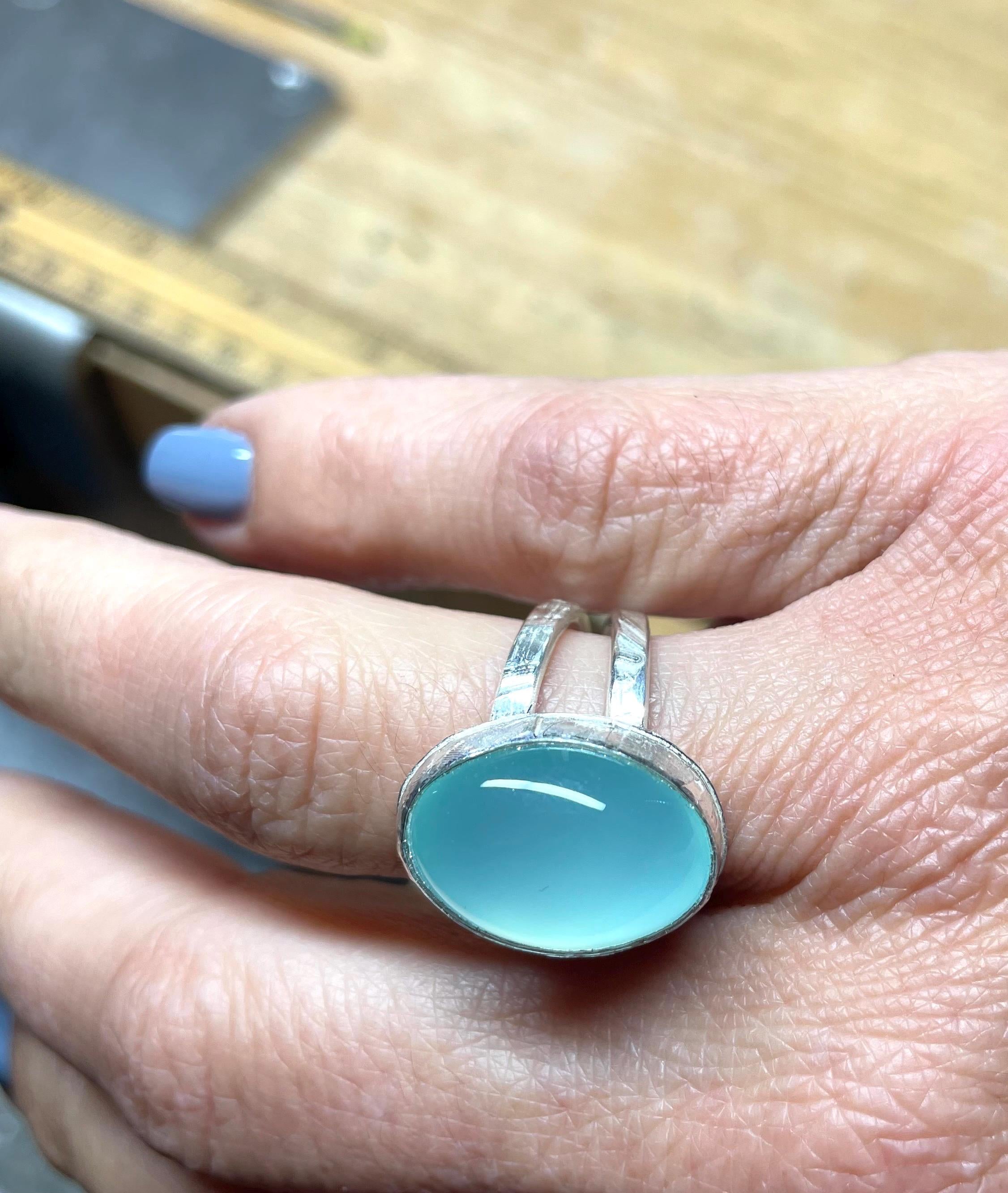 Aqua Chalcedony Statement Ring: Handmade Sterling Silver, US Size 8