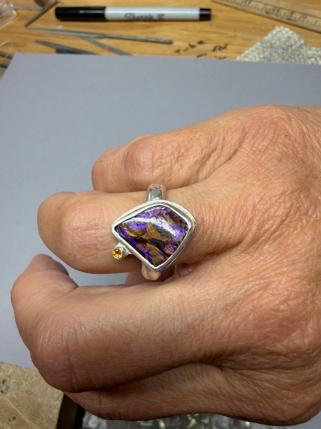 Purple Australian Boulder Opal Ring, Sterling Silver, Size 8