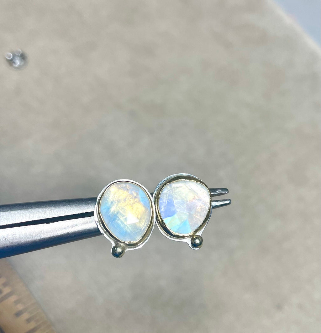 Rose Cut Rainbow Moonstone Stud Earrings: 18k Gold & Argentium Silver