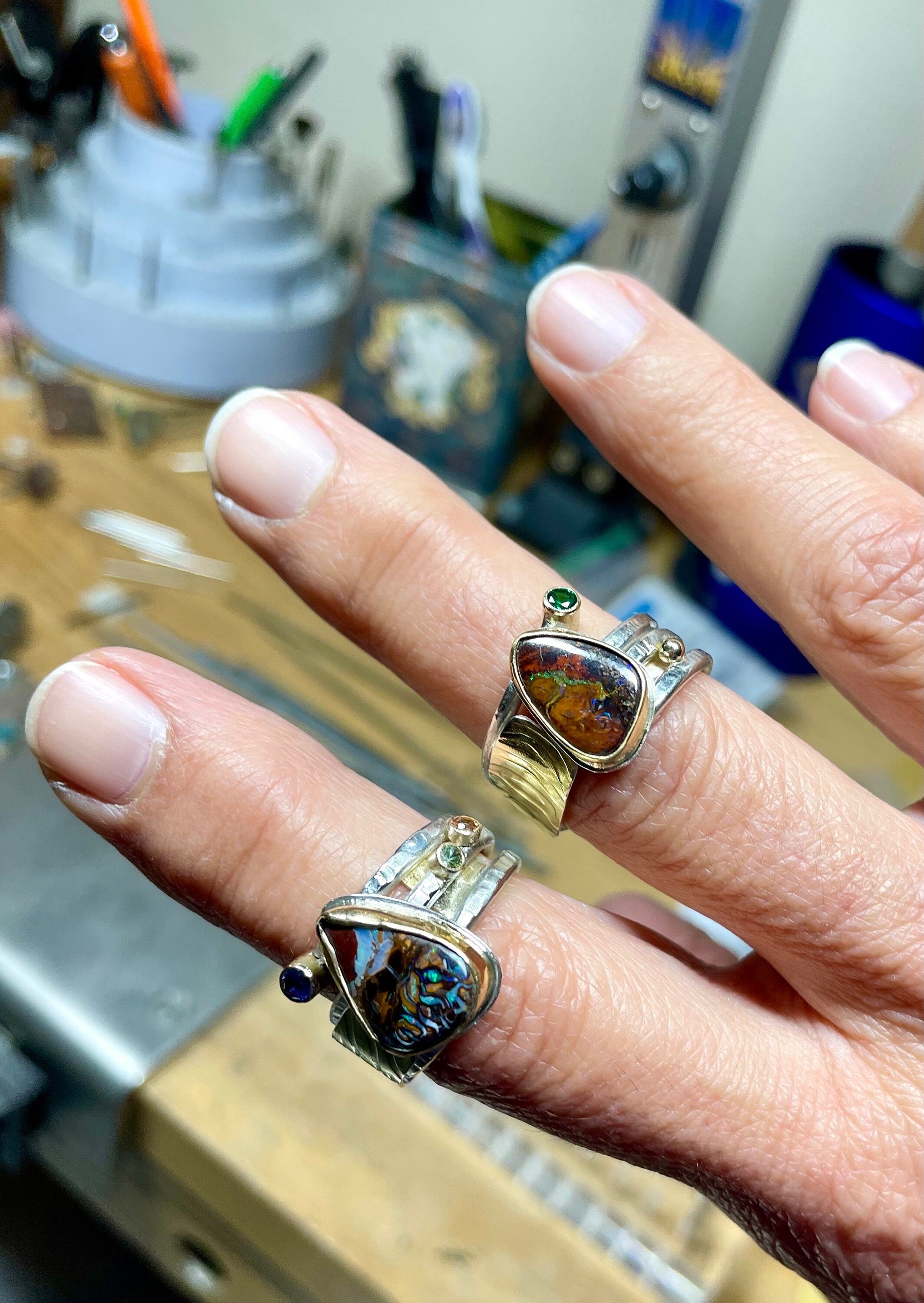 Boulder Opal 18K Gold Ring: Handmade Sterling Silver Multi-Band, US Size 8 or 8.5