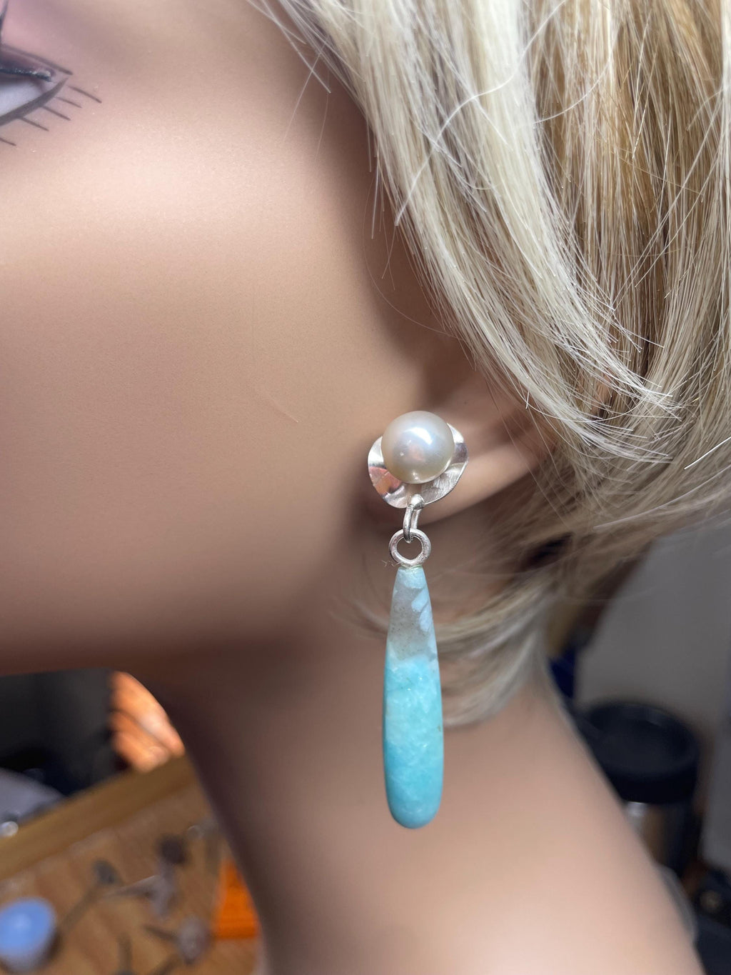 Ocean Blue Amazonite and Pearl Earrings on Post, Long Statement Dangle Earrings, OOAK