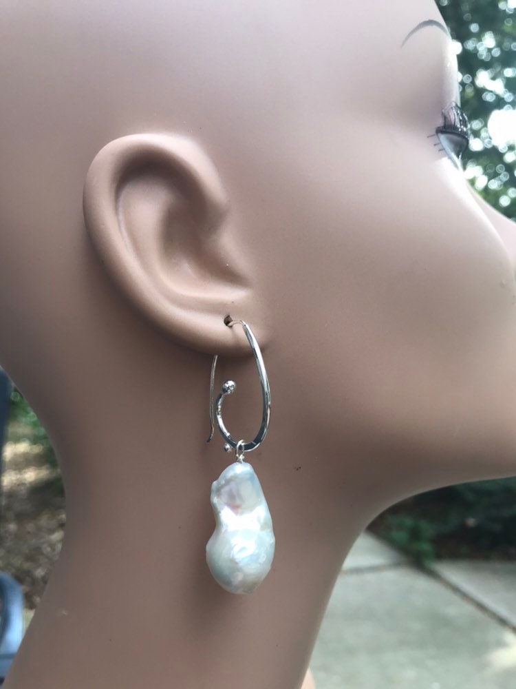 Extra Large Baroque Pearl Hoop Earrings: Argentium Sterling Silver